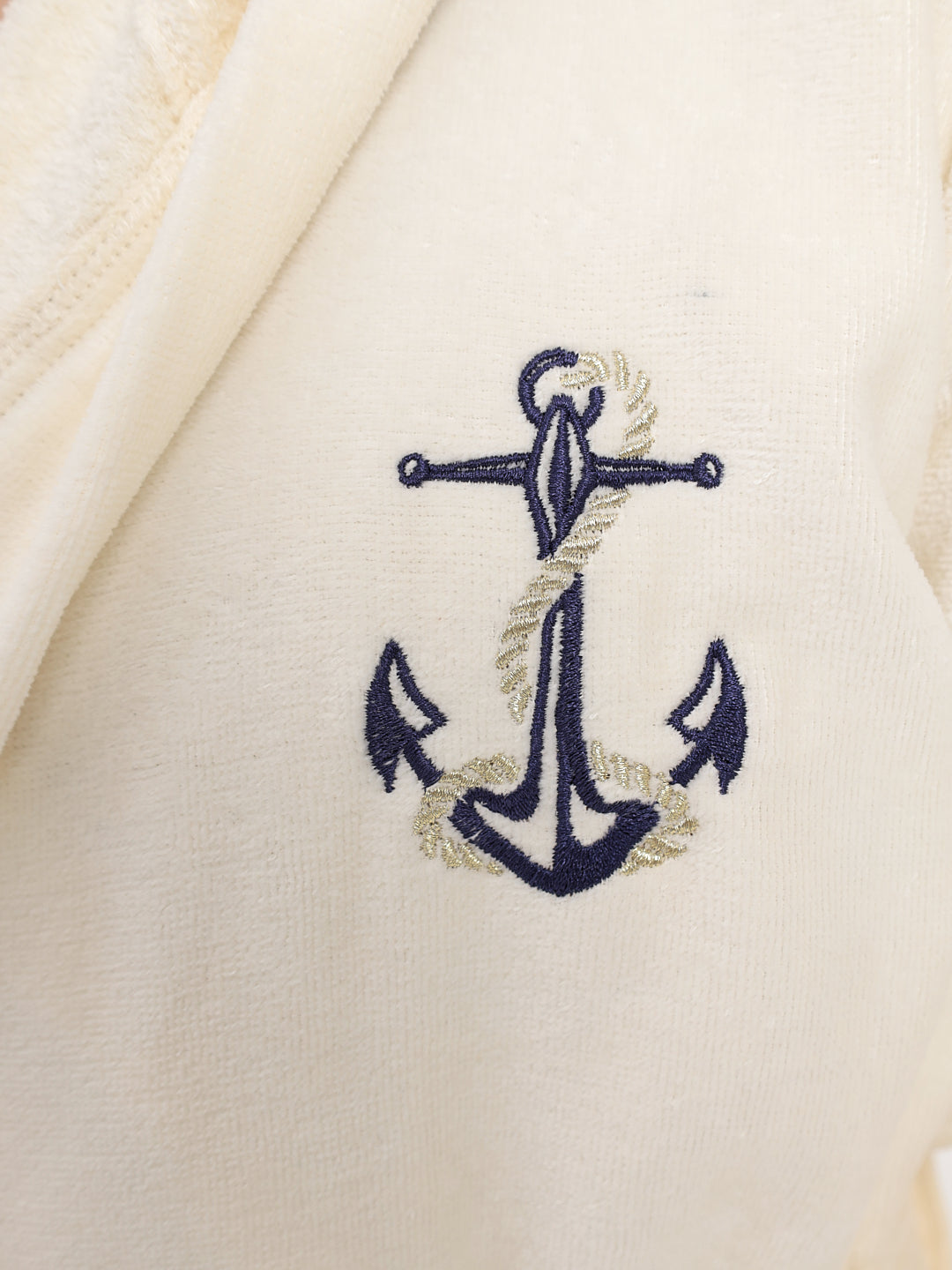 Peignoir élégant pour hommes en coton de haute qualité avec capuche en velours ornée d'une fine broderie d'ancre