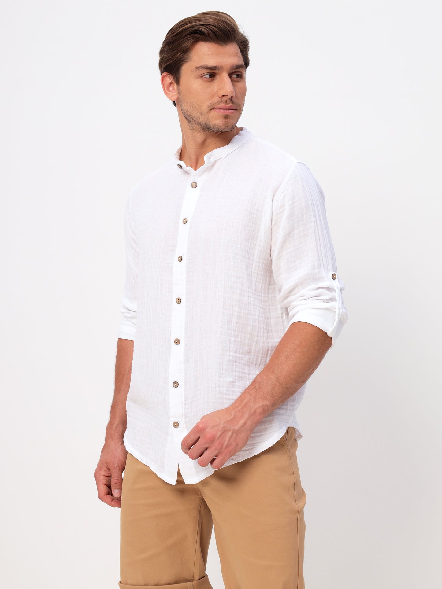 Herren Sommer Mode Hemd aus lässige Musselin Freizeit LMS-6467 White Weiß