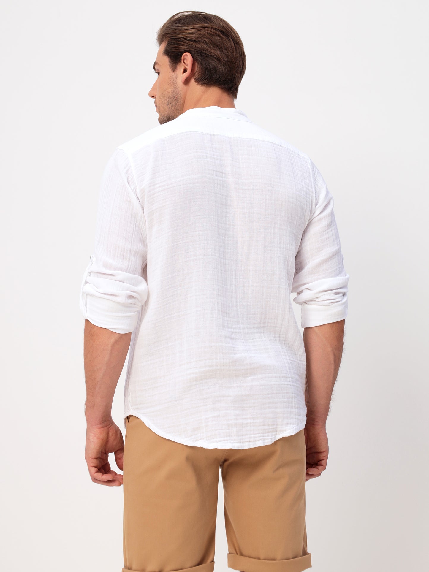 Herren Sommer Mode Hemd aus lässige Musselin Freizeit LMS-6467 White Weiß
