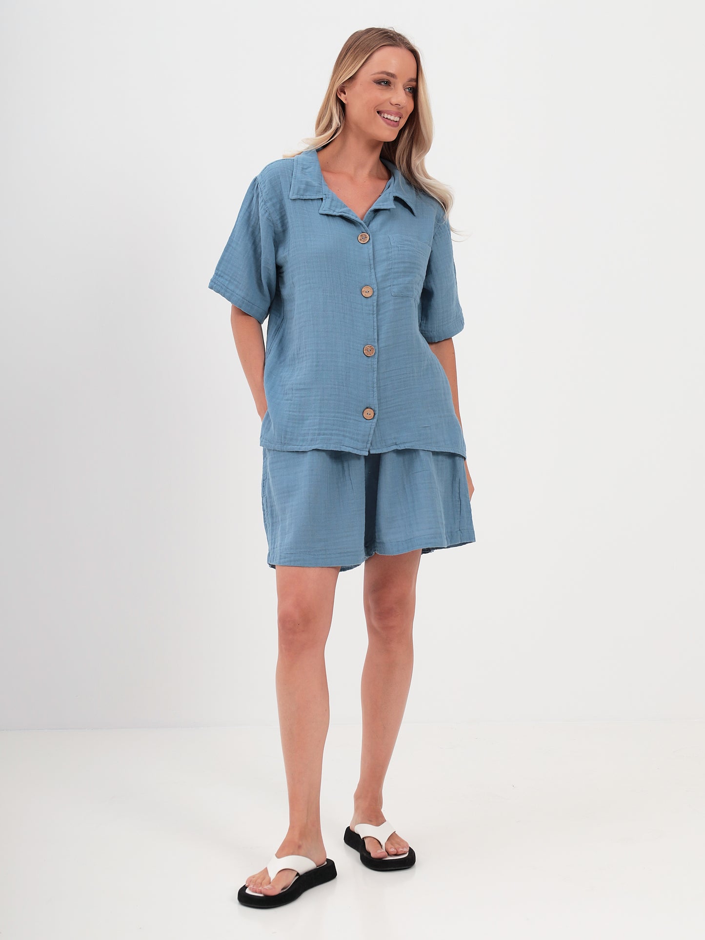 2teilige Damen Sommer Mode T-Shirt und Short Hosen Set aus lässige Musselin mit Kordelzug Freizeit Shorts LMS-6216 Blue