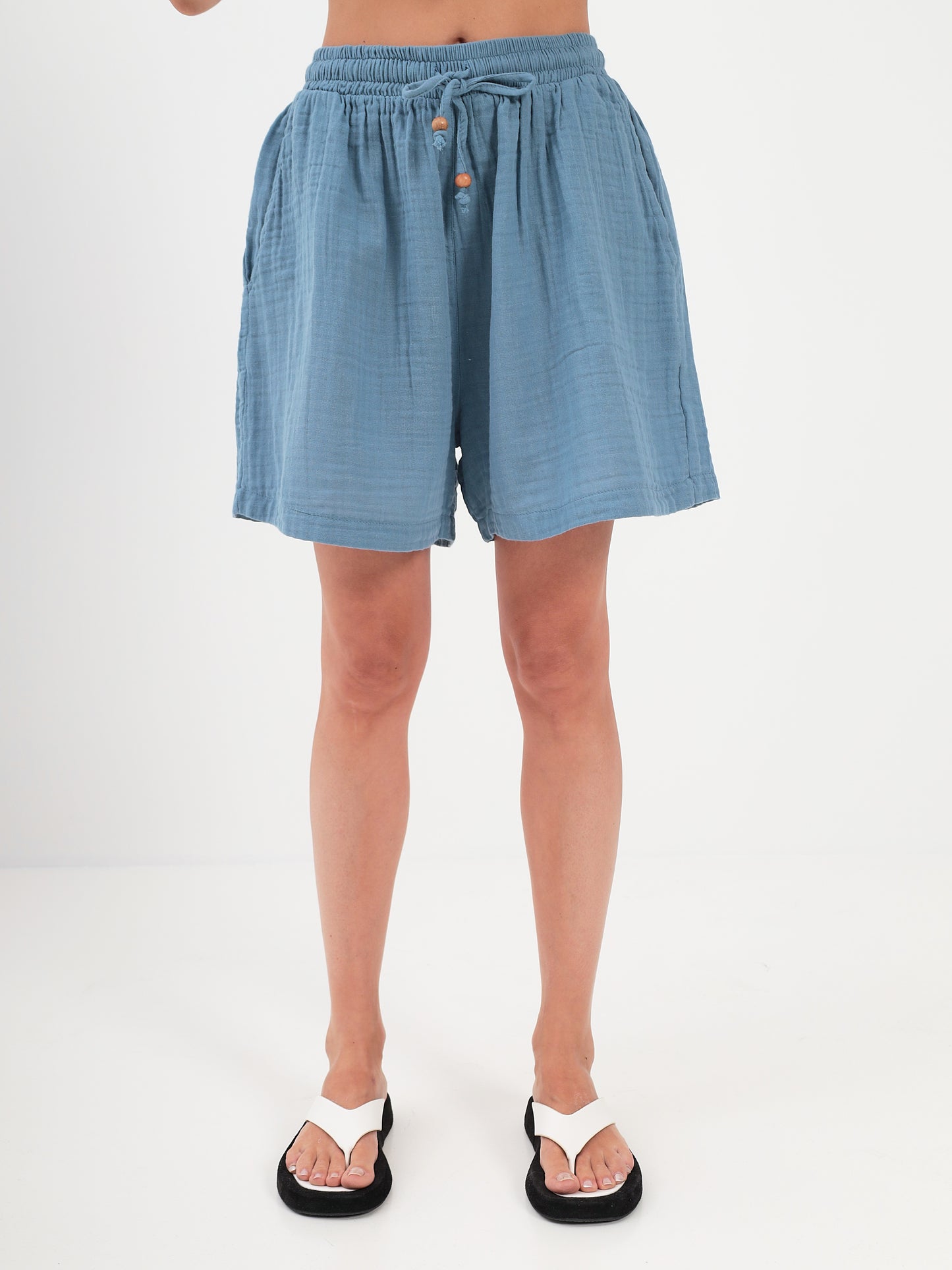 2teilige Damen Sommer Mode T-Shirt und Short Hosen Set aus lässige Musselin mit Kordelzug Freizeit Shorts LMS-6216 Blue