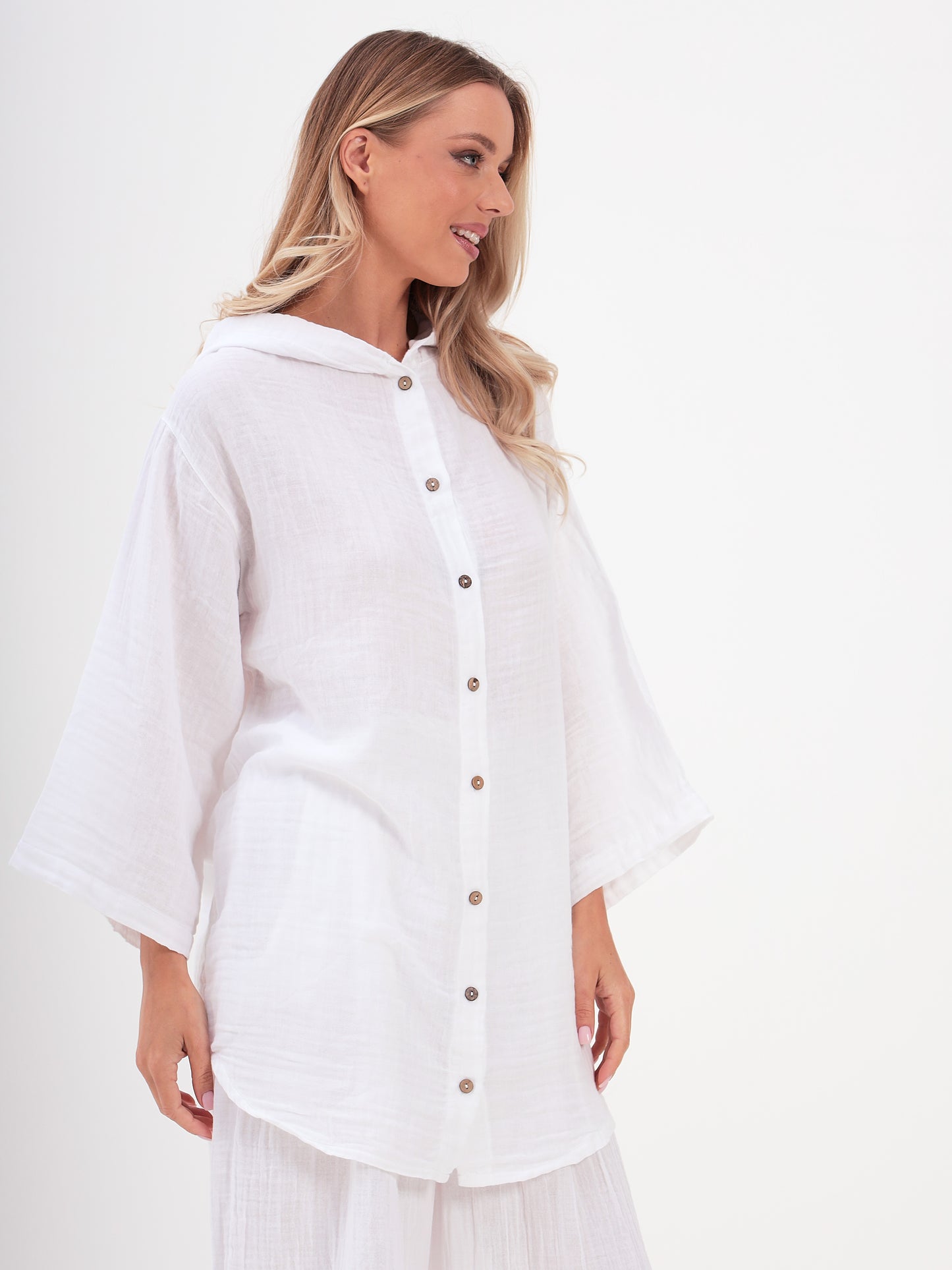 Damen Sommer Mode Hemd mit Kapuze aus lässige Musselin Freizeit LMS-6468 White Weiß