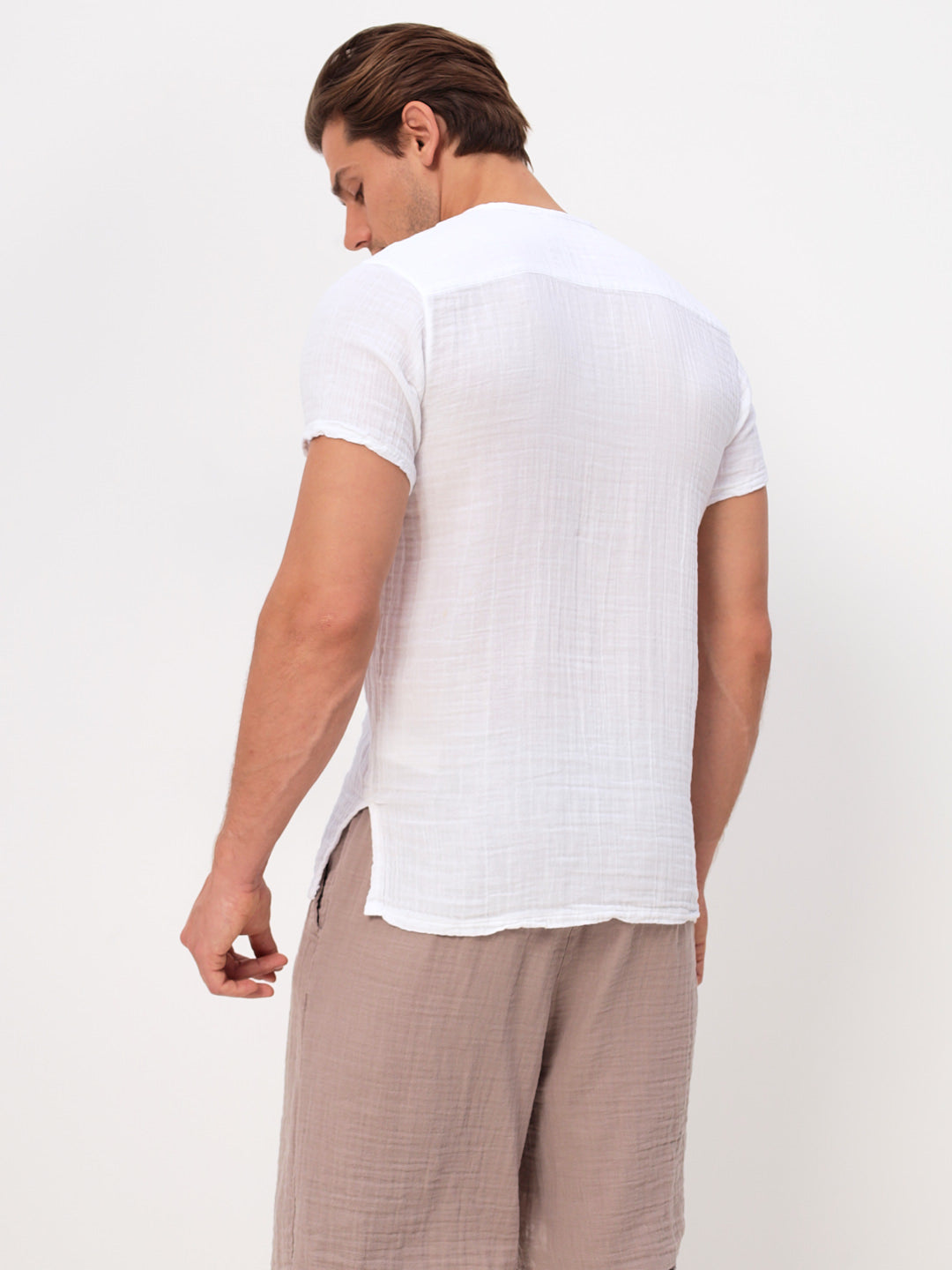 Herren Sommer Mode T-Shirt aus lässige Musselin Freizeit LMS-6452 Weiß