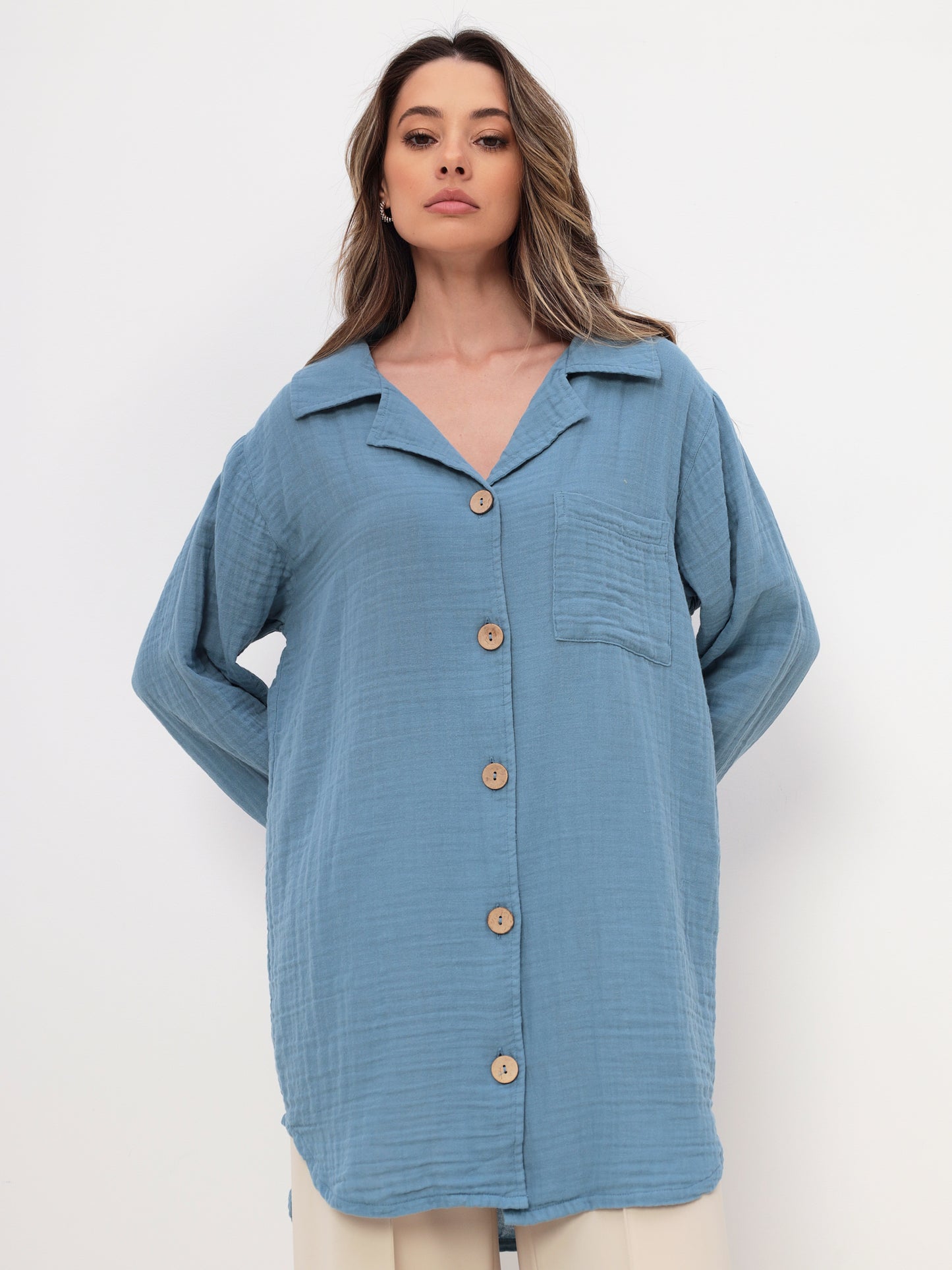 Damen Sommer Mode Hemd aus lässige Musselin Freizeit LMS-6489 Blau