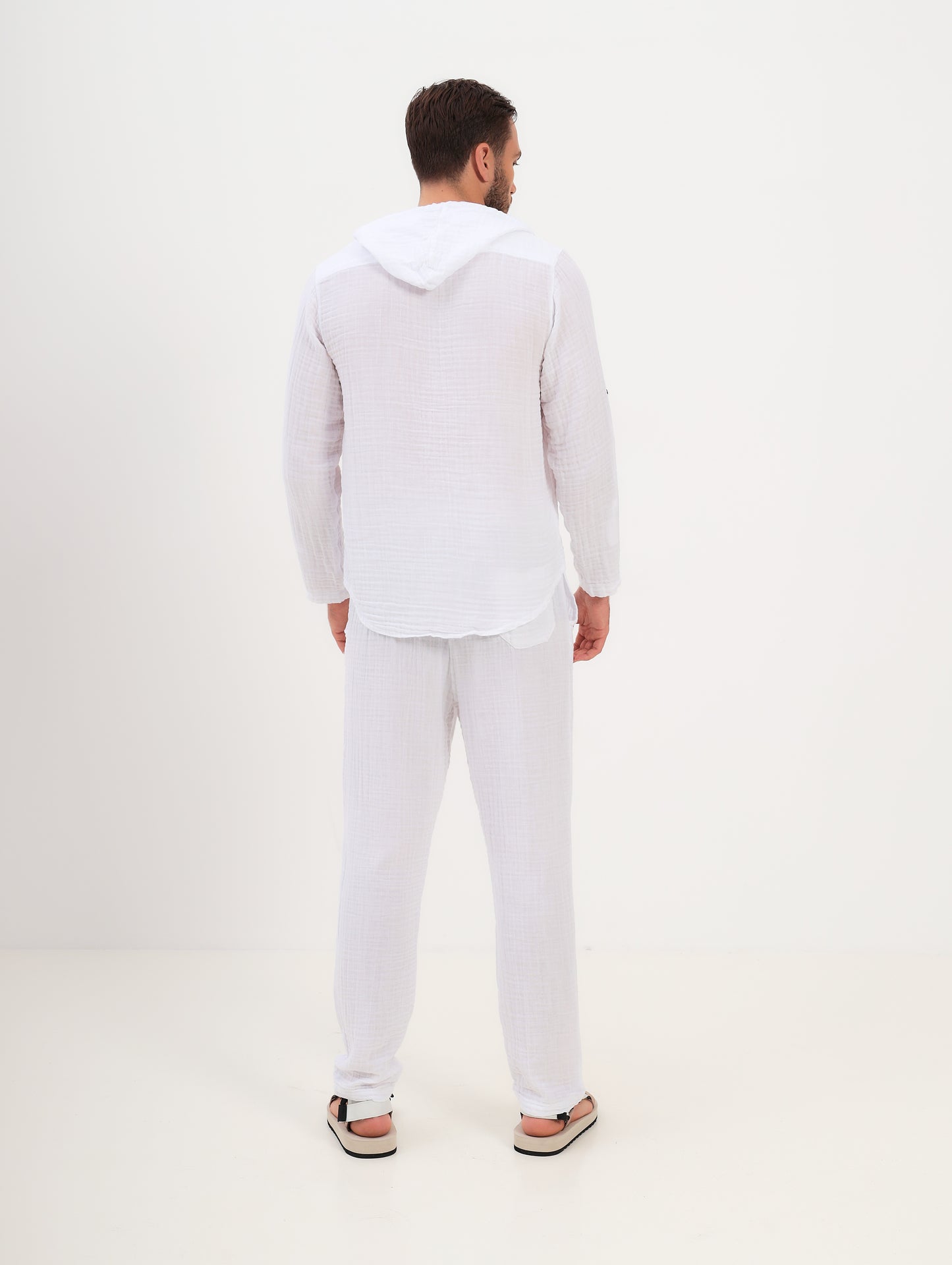 2teiliger Herren Sommer Mode Shirt Hemd mit Kapuze und langer Hose mit Kordelzug aus lässige Musselin Freizeit LMS-6457 Weiß