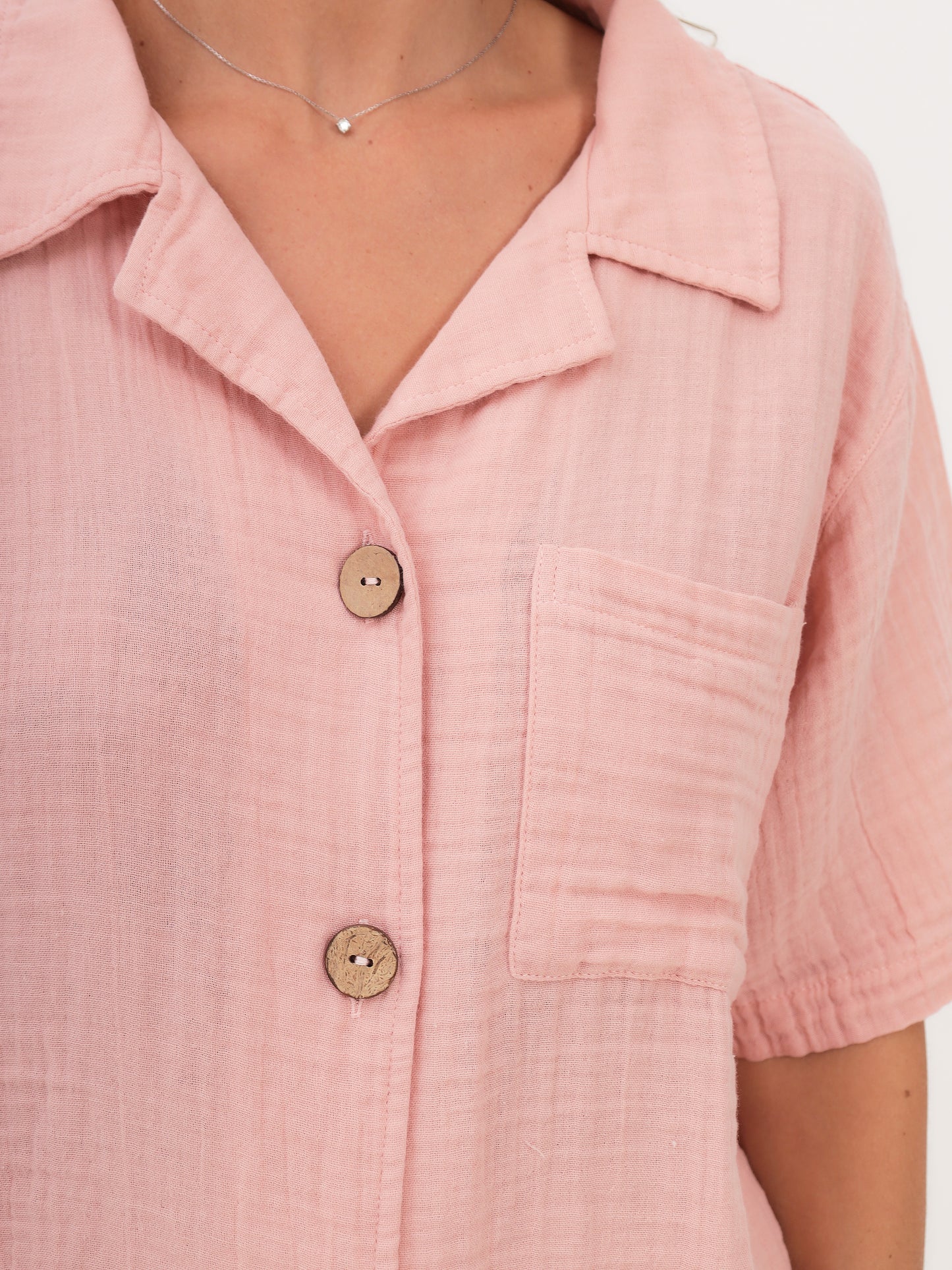 2teilige Damen Sommer Mode T-Shirt und Short Hosen Set aus lässige Musselin mit Kordelzug Freizeit Shorts LMS-6216 Pink