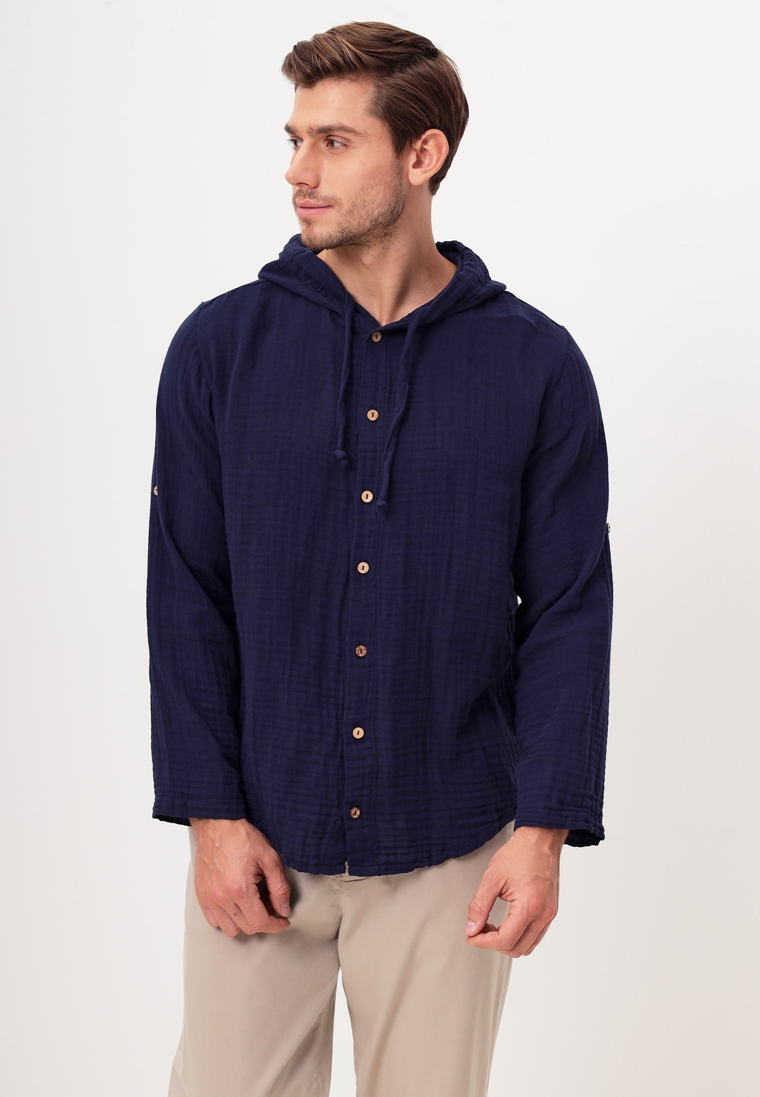 Herren Sommer und Freizeit Mode Hemd mit Kapuze aus lässige Musselin