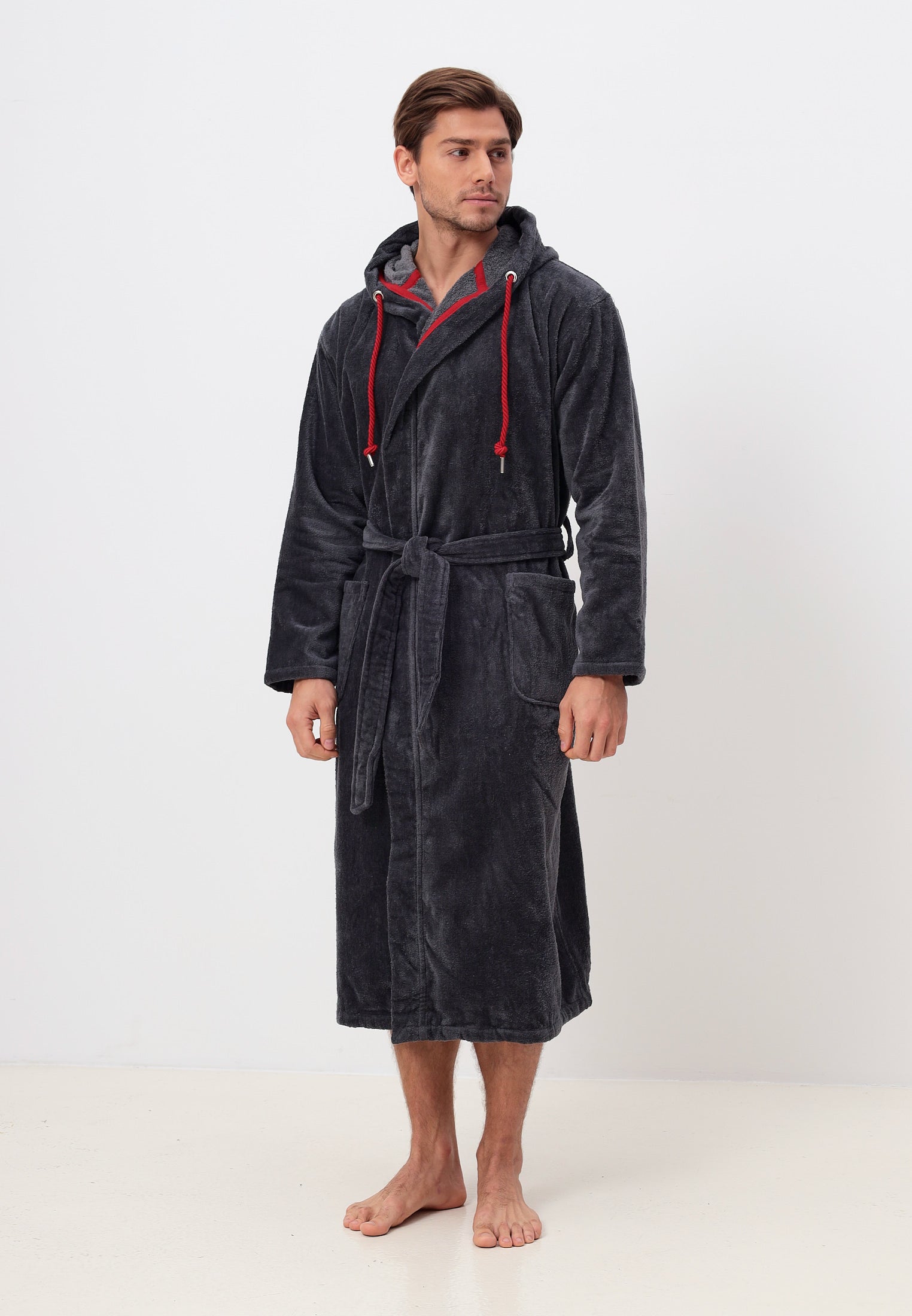Noble men's bathrobe made of high-quality cotton with hood in velour