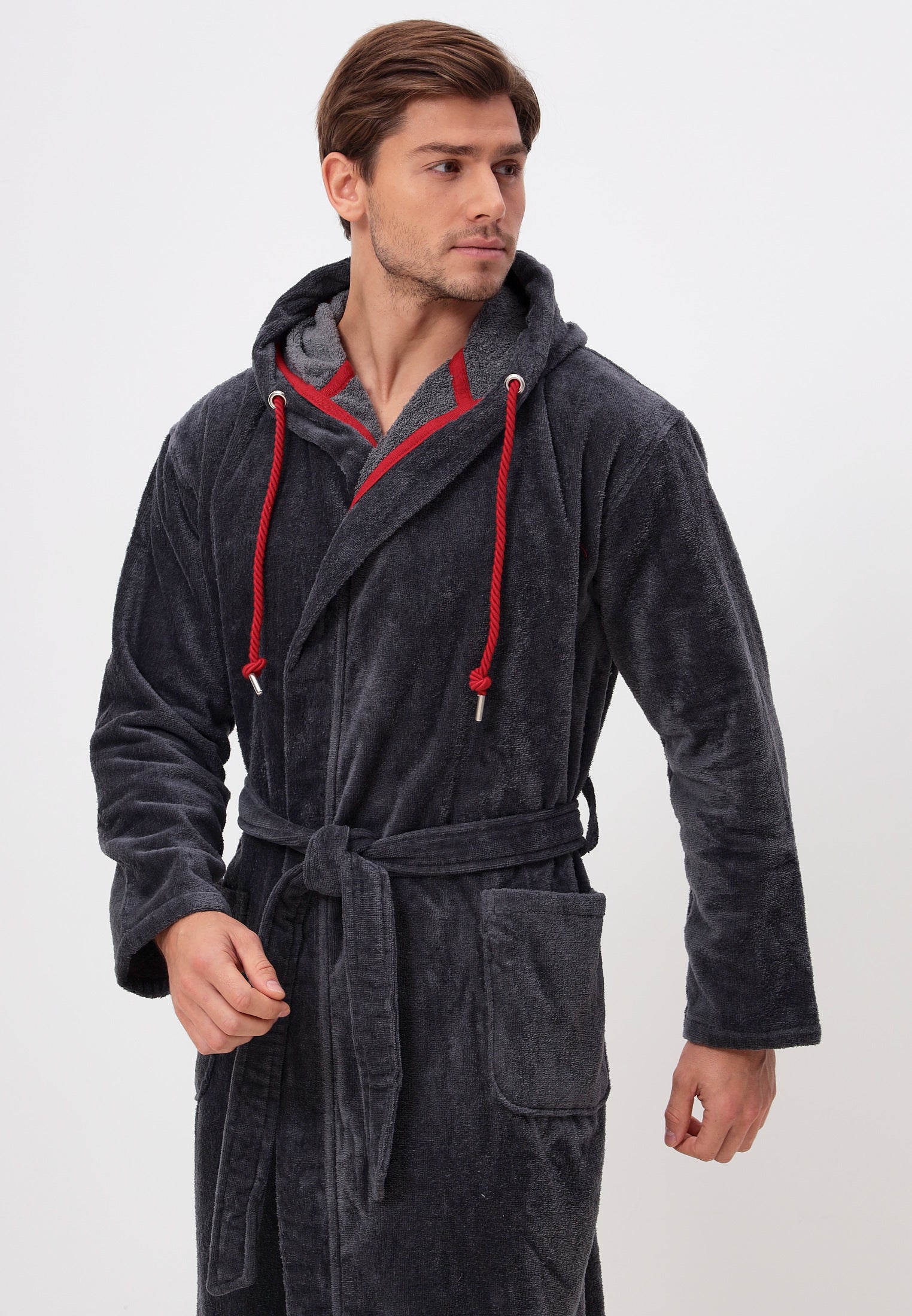 Noble men's bathrobe made of high-quality cotton with hood in velour