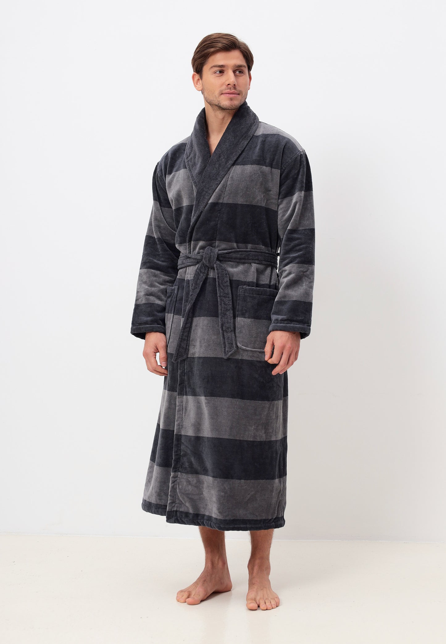 AVAILABLE IN OVERSIZES - Elegant shawl collar men's bathrobe made of high-quality cotton in velour with horizontal stripe design