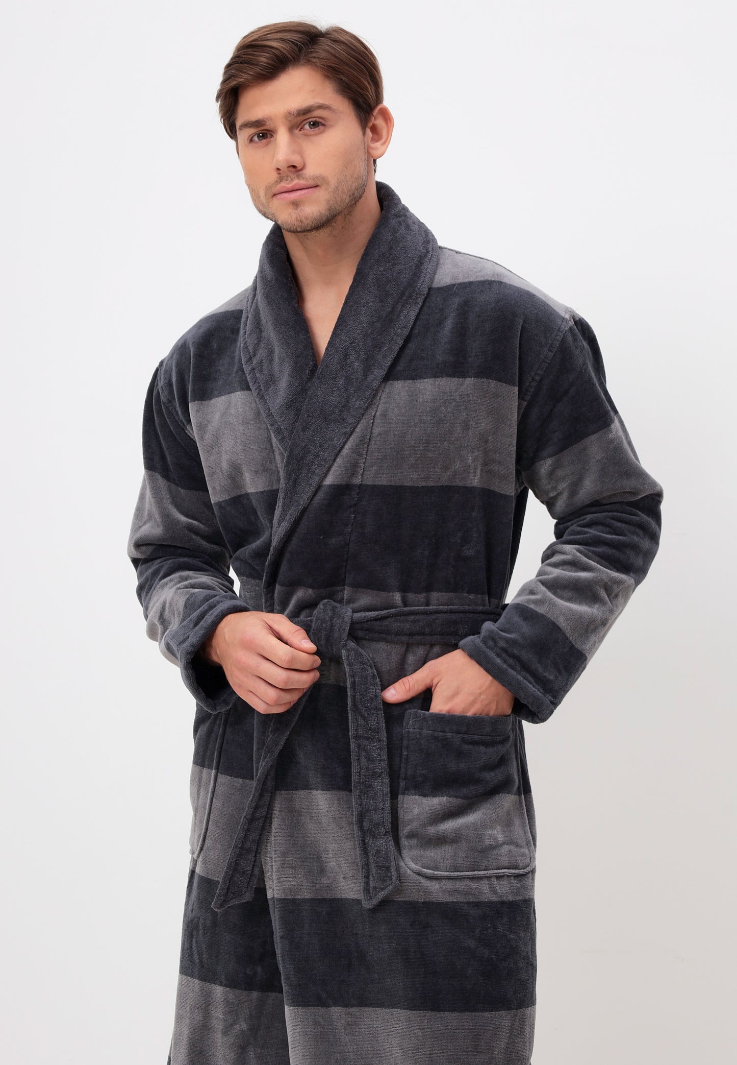 AVAILABLE IN OVERSIZES - Elegant shawl collar men's bathrobe made of high-quality cotton in velour with horizontal stripe design