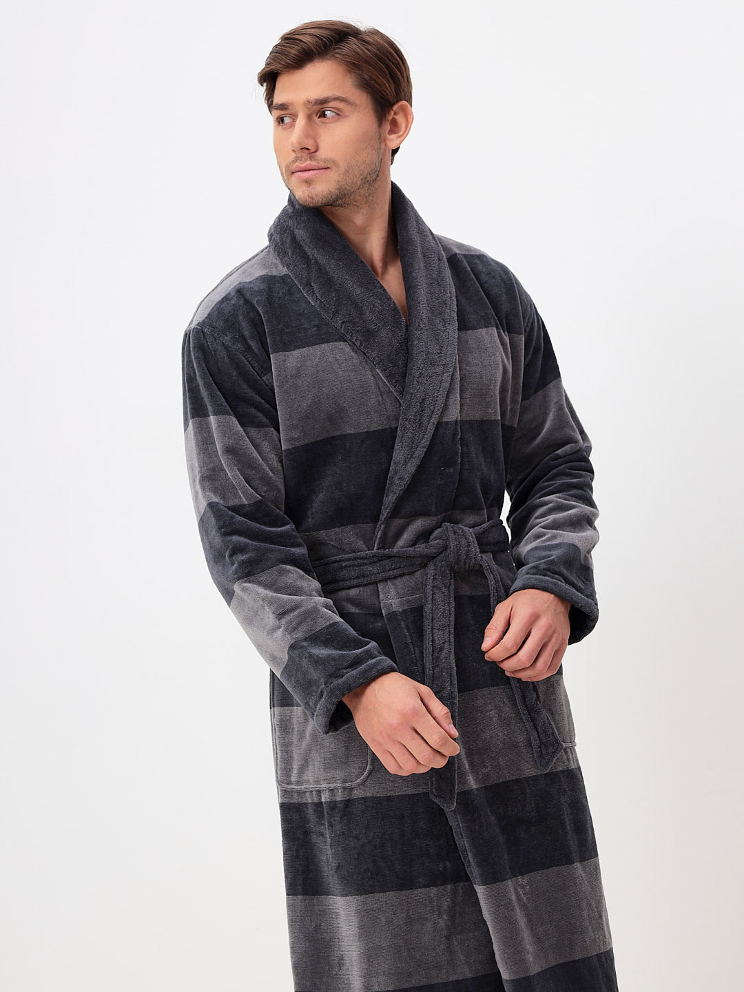 AVAILABLE IN OVERSIZES - Elegant shawl collar men's bathrobe made of high-quality cotton in velour with horizontal stripe design