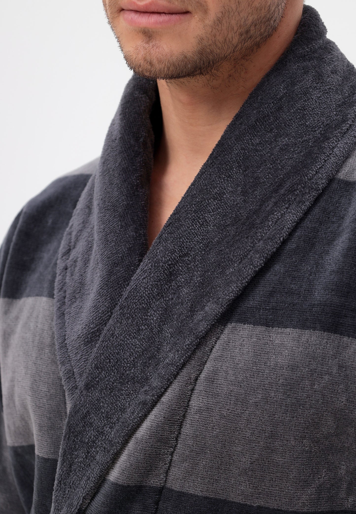 AVAILABLE IN OVERSIZES - Elegant shawl collar men's bathrobe made of high-quality cotton in velour with horizontal stripe design