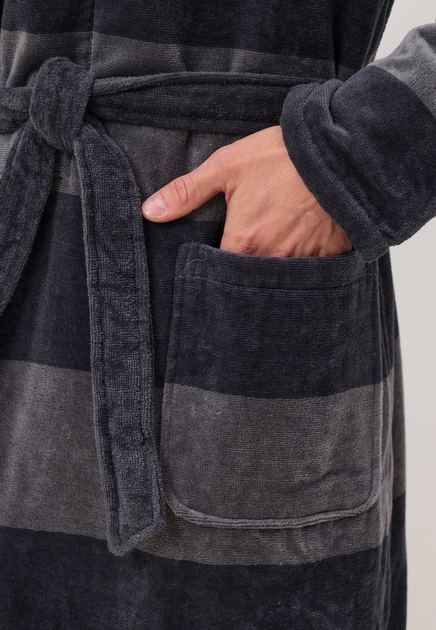 AVAILABLE IN OVERSIZES - Elegant shawl collar men's bathrobe made of high-quality cotton in velour with horizontal stripe design