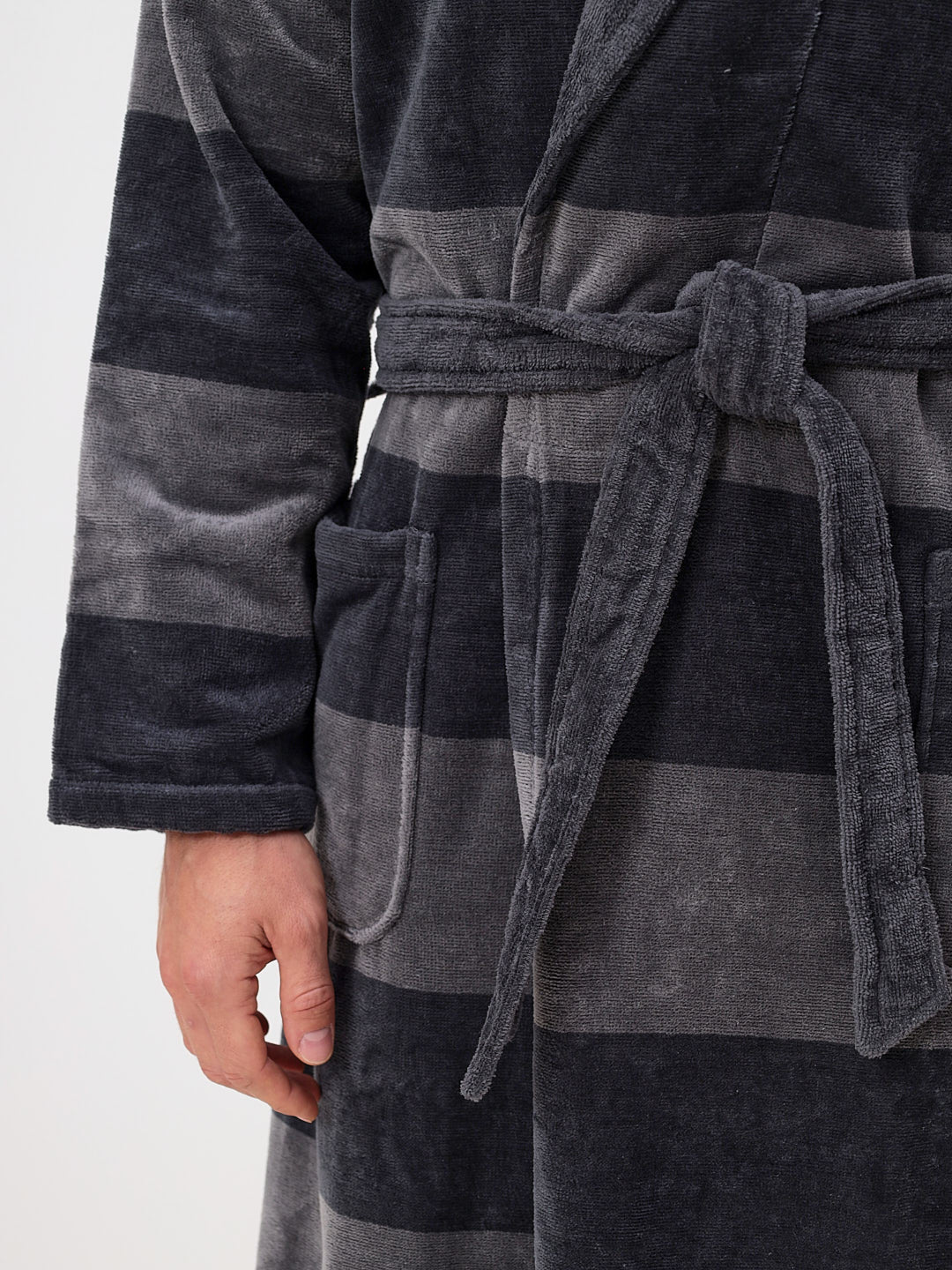 AVAILABLE IN OVERSIZES - Elegant shawl collar men's bathrobe made of high-quality cotton in velour with horizontal stripe design