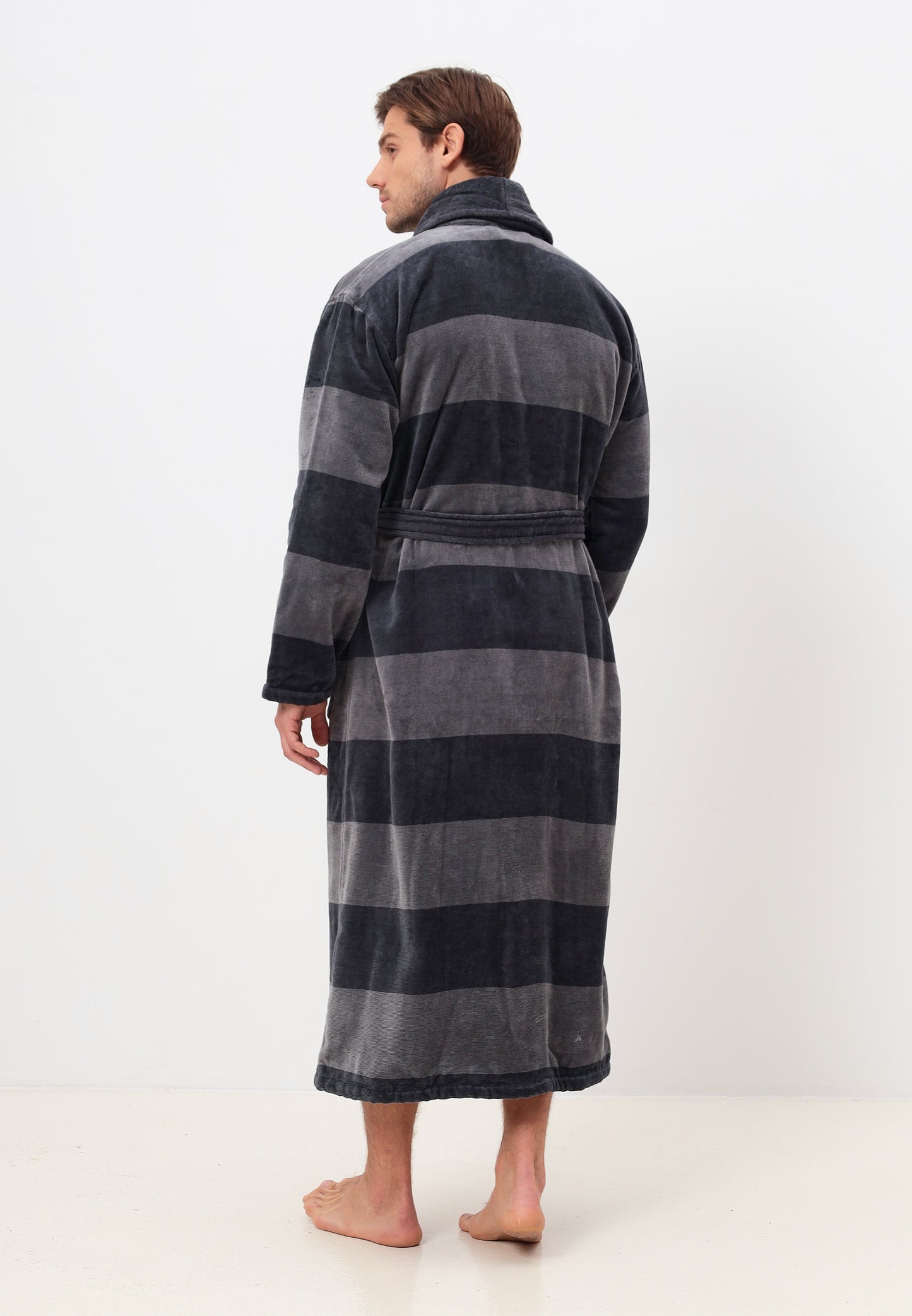 AVAILABLE IN OVERSIZES - Elegant shawl collar men's bathrobe made of high-quality cotton in velour with horizontal stripe design