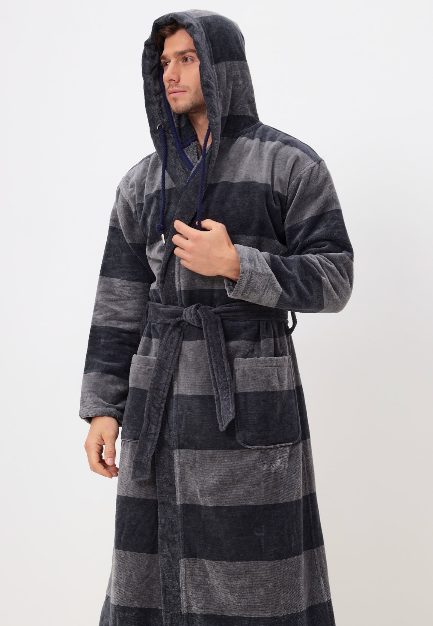 DISPONIBLE EN OVERSIZES - Peignoir élégant pour hommes en coton de haute qualité avec capuche en velours à rayures horizontales mélangées