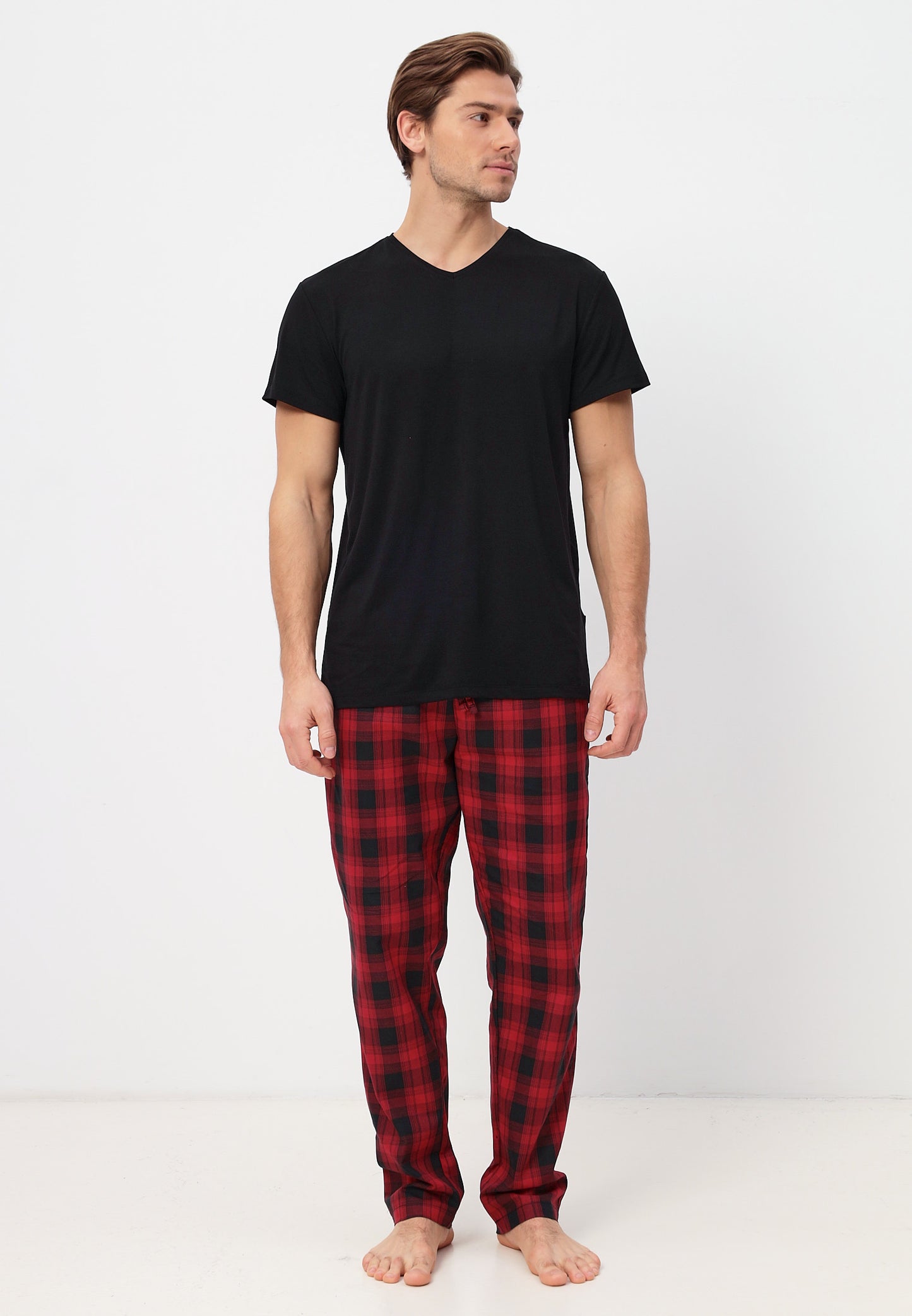 Zweiteiliges Set Herren Pyjama Set - Kurzarm Shirt und lange Karierte Pyjamahose aus Baumwolle LMS-6436 Schwarz/Rot