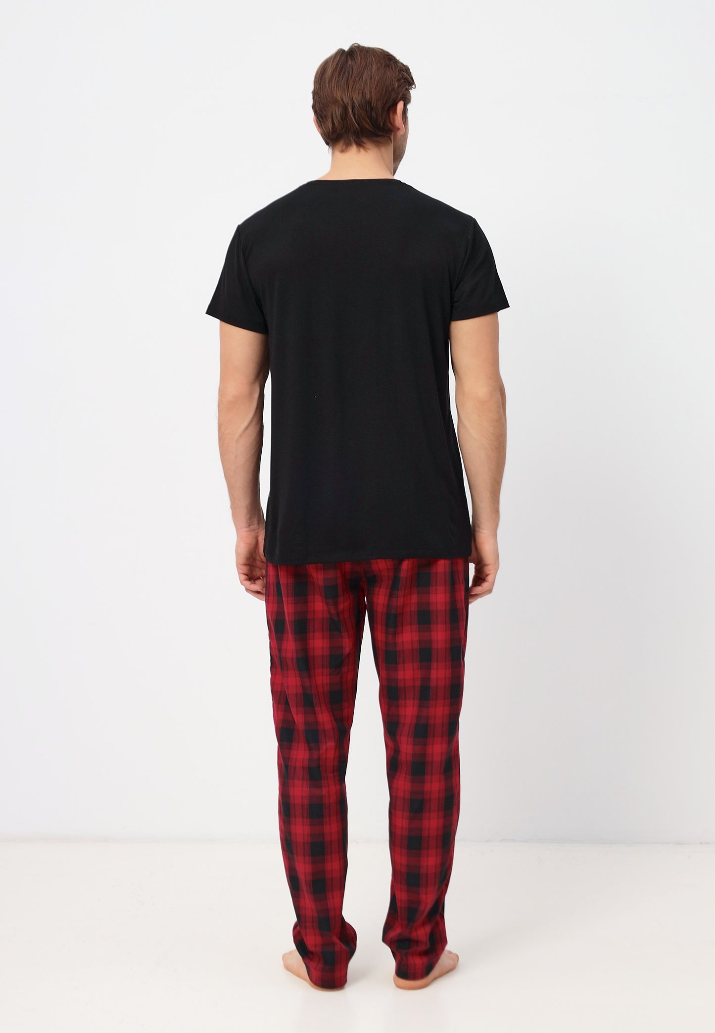 Zweiteiliges Set Herren Pyjama Set - Kurzarm Shirt und lange Karierte Pyjamahose aus Baumwolle LMS-6436 Schwarz/Rot