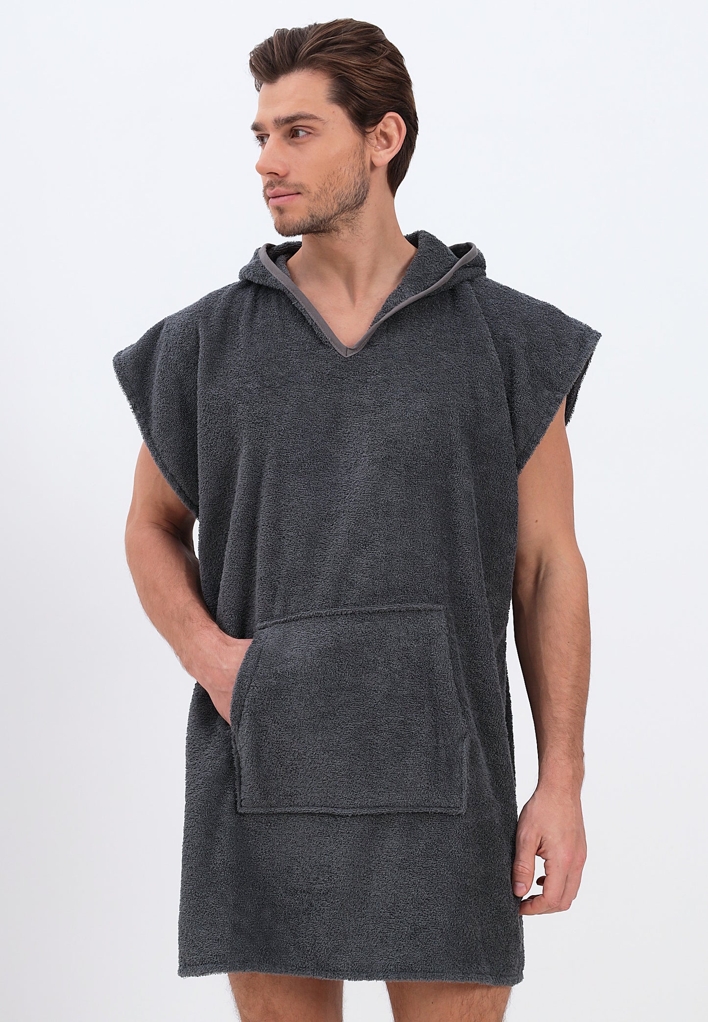 Men's poncho with hood made of 100% cotton