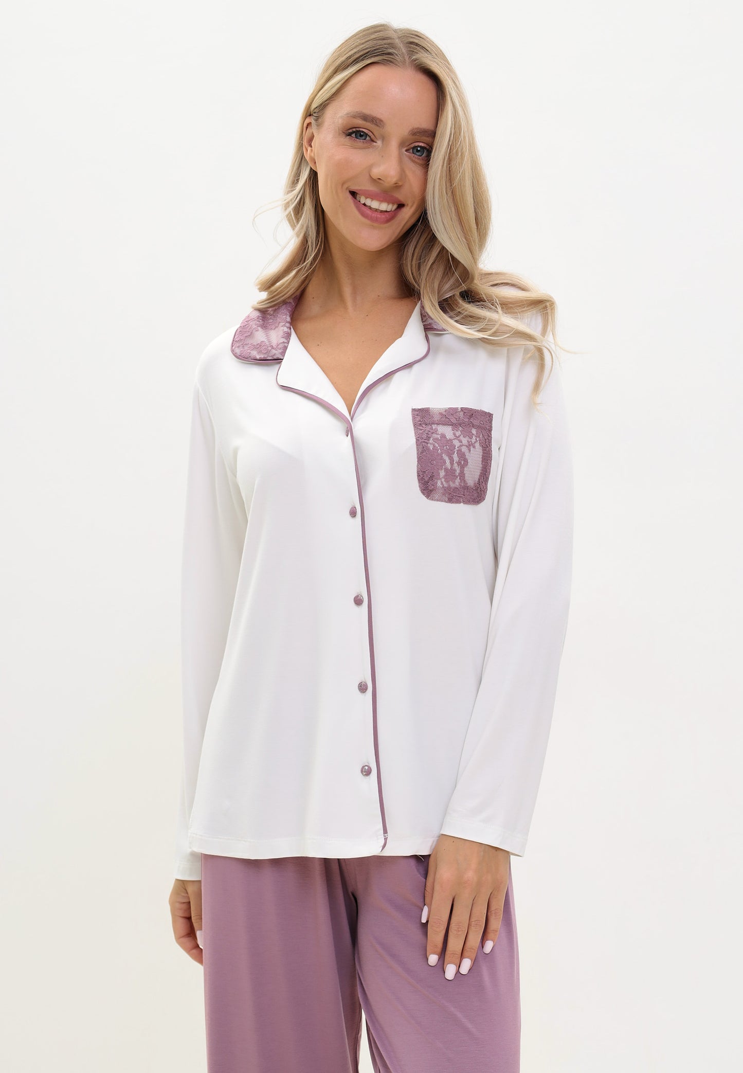 2teilige Damen Pyjama - mit Spitze im Kragen und an der Brusttasche - kontrastfarbige Knopfleiste und Besatz - LMS-242017 Creme/Beere