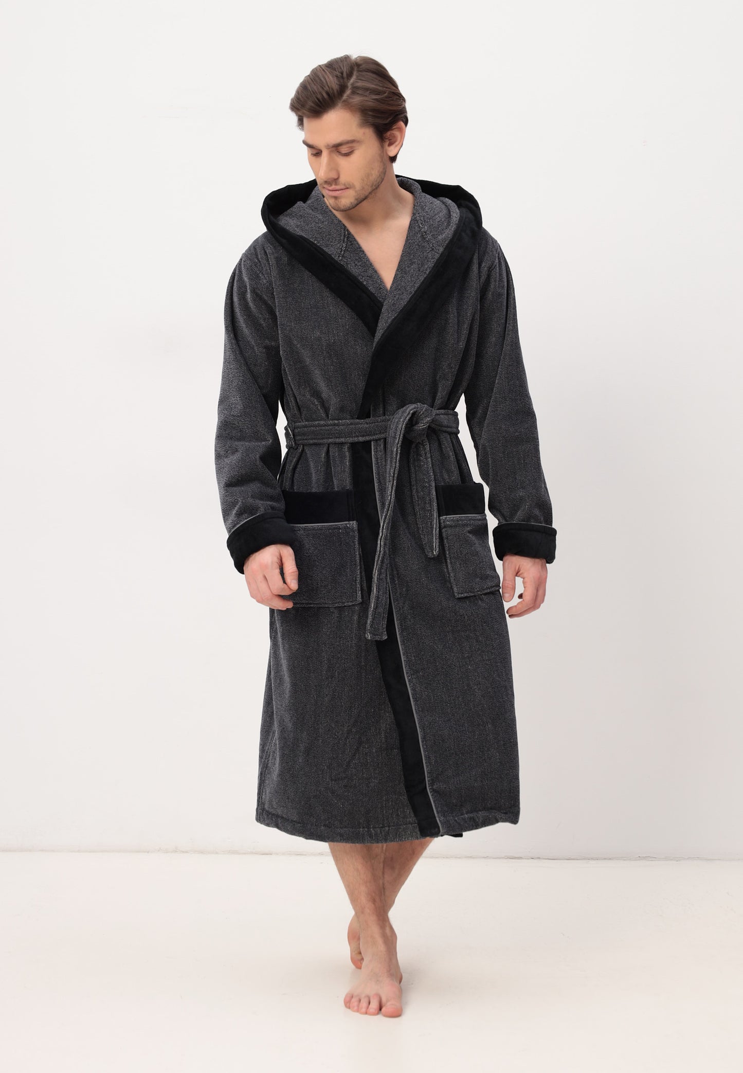 Noble men's bathrobe made of high-quality cotton with hood in velour