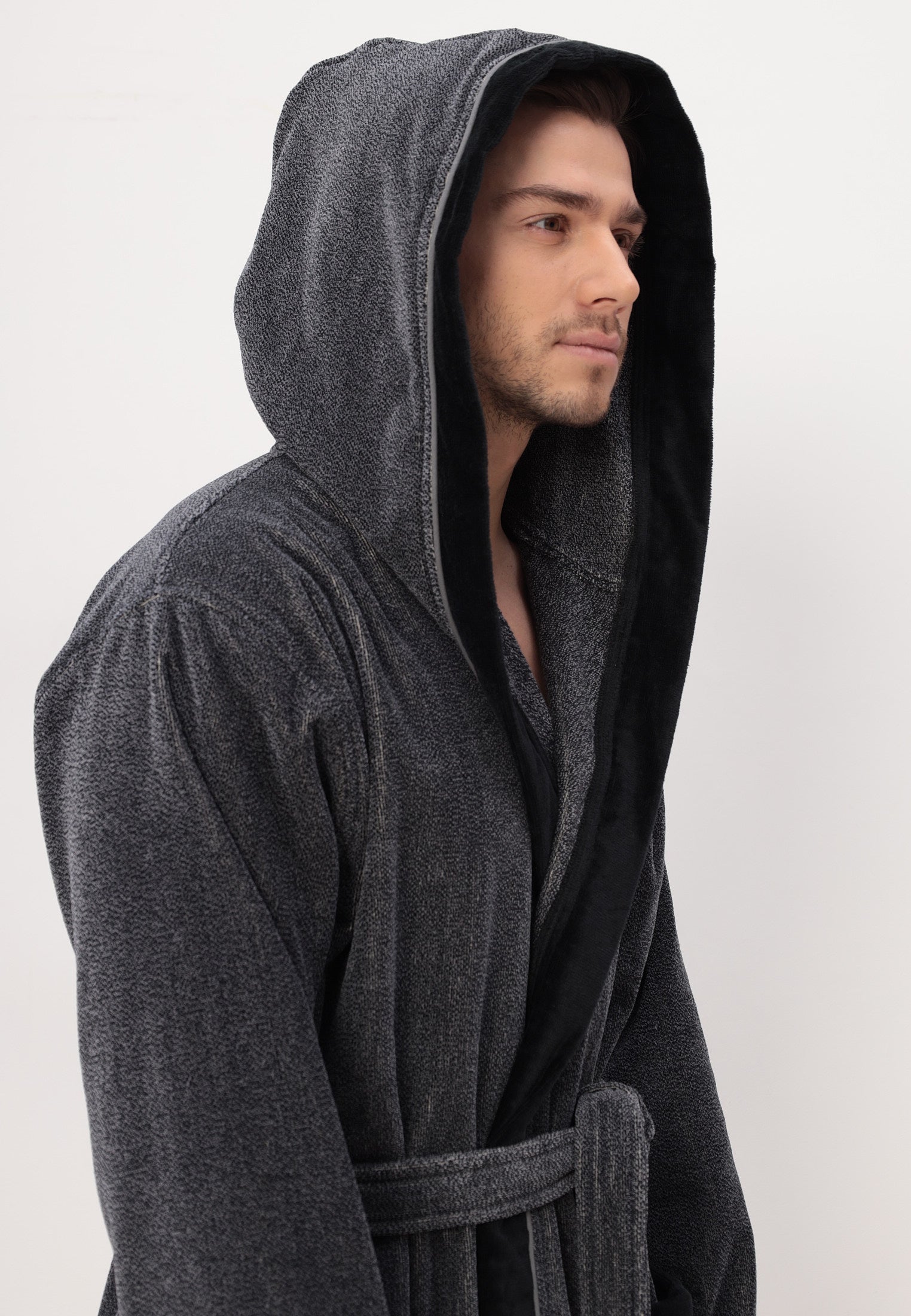 Noble men's bathrobe made of high-quality cotton with hood in velour