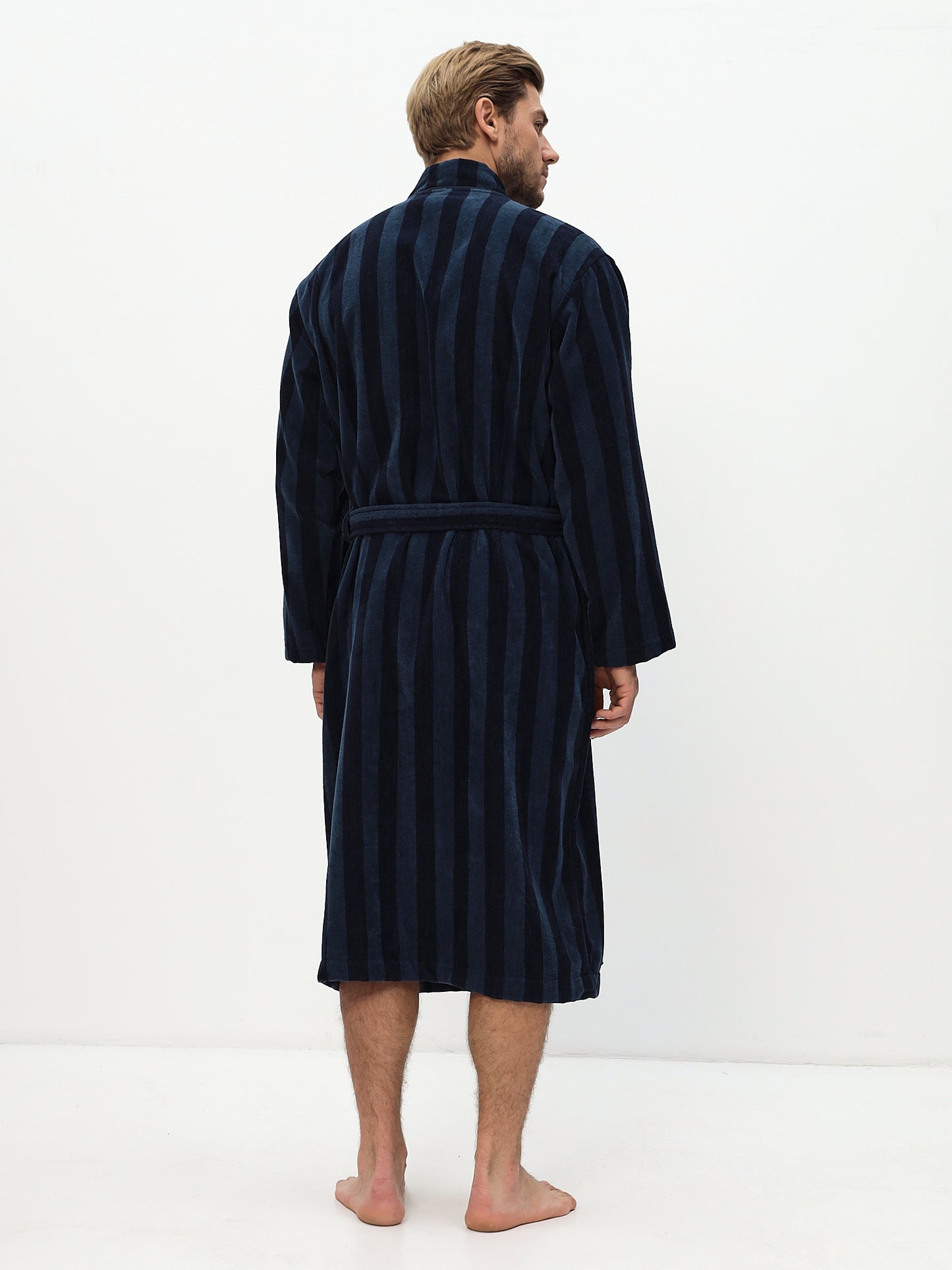 DISPONIBLE EN OVERSIZES - Peignoir élégant pour hommes en coton de haute qualité avec capuche en velours à rayures horizontales mélangées