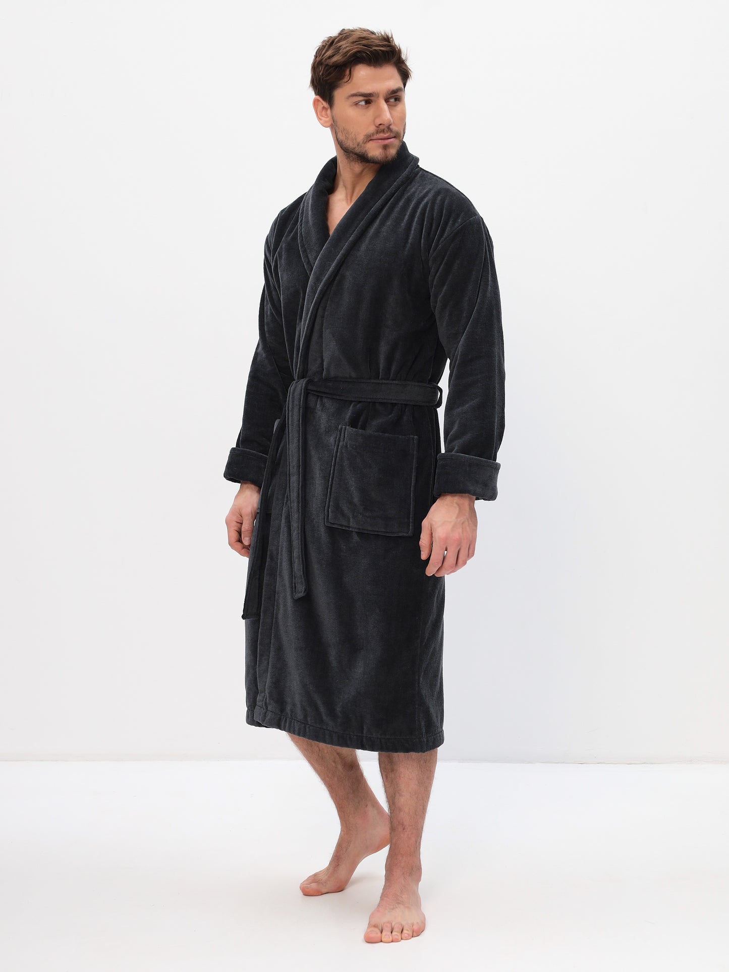 Noble shawl collar men's bathrobe made of high-quality cotton in velour