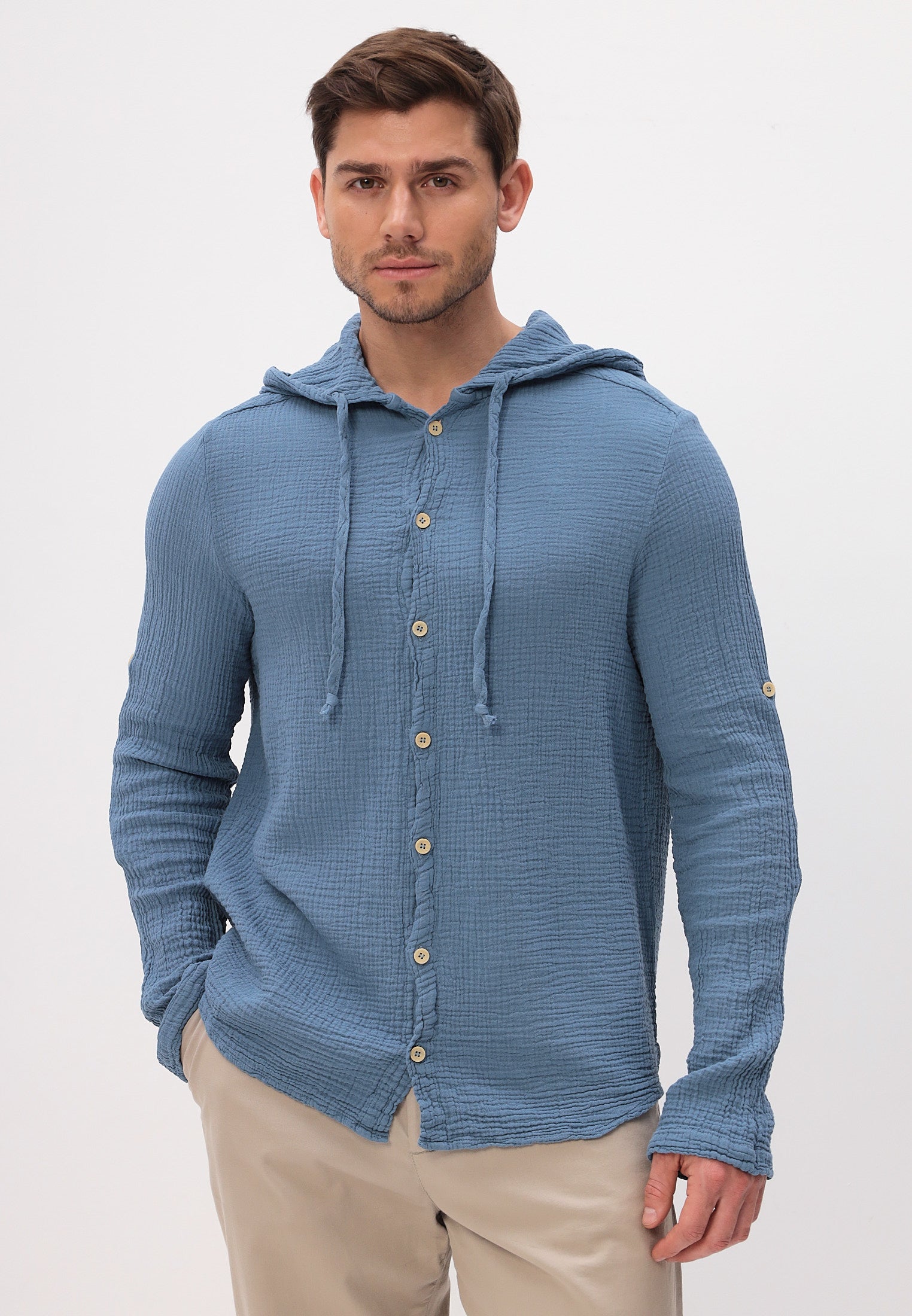 Herren Sommer und Freizeit Mode Hemd mit Kapuze aus lässige Musselin