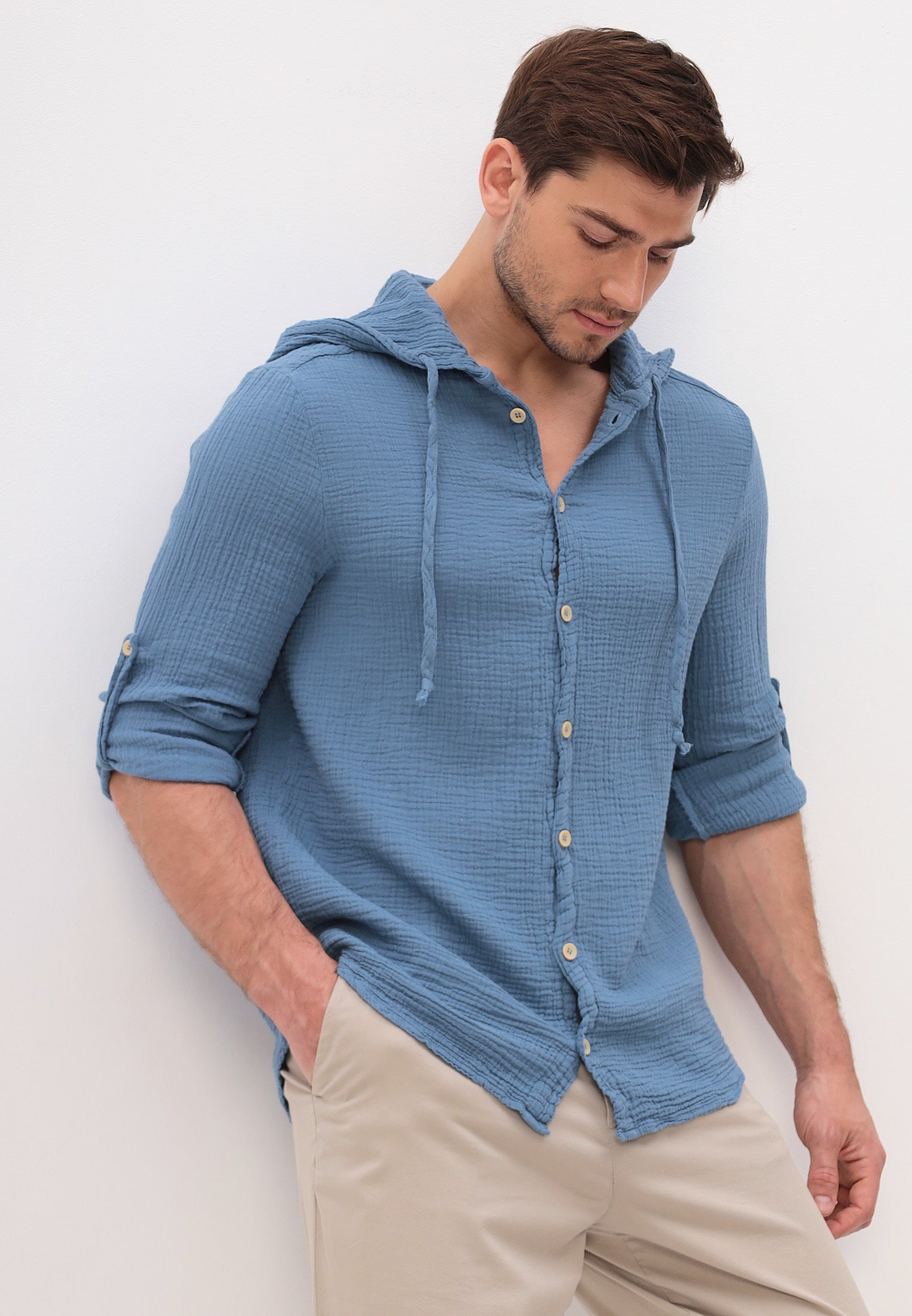 Herren Sommer und Freizeit Mode Hemd mit Kapuze aus lässige Musselin