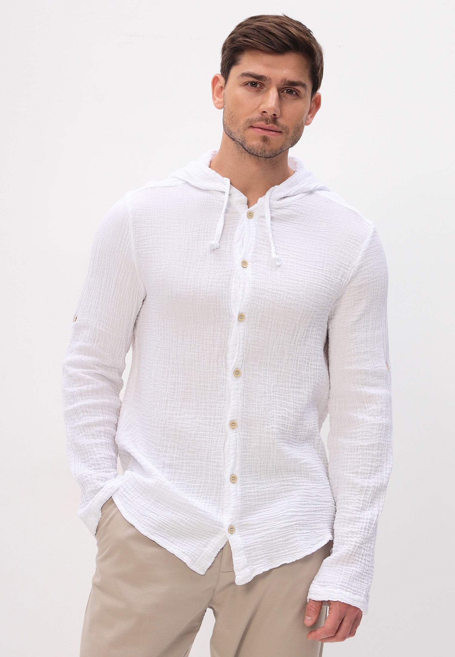 Herren Sommer und Freizeit Mode Hemd mit Kapuze aus lässige Musselin