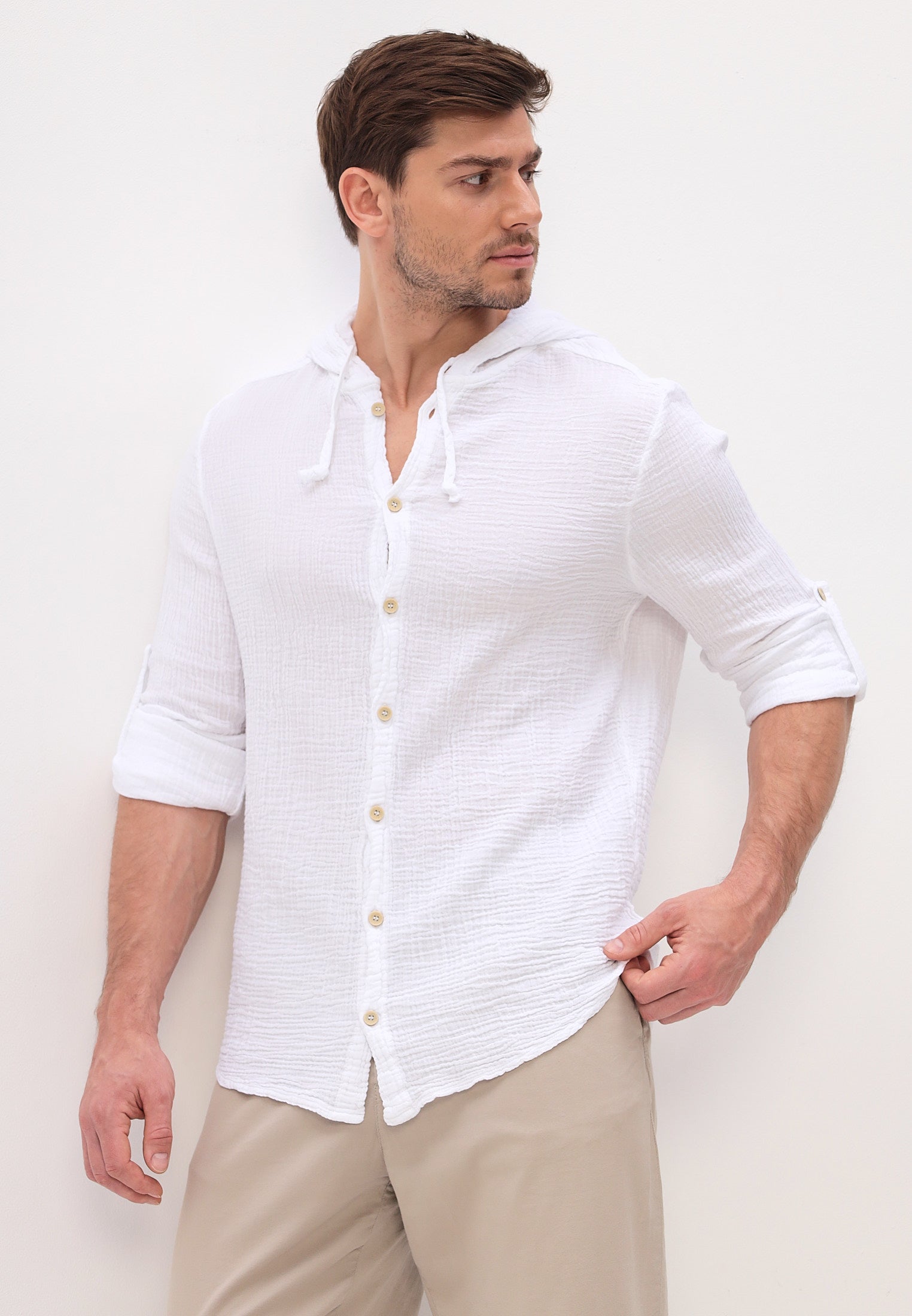 Herren Sommer und Freizeit Mode Hemd mit Kapuze aus lässige Musselin