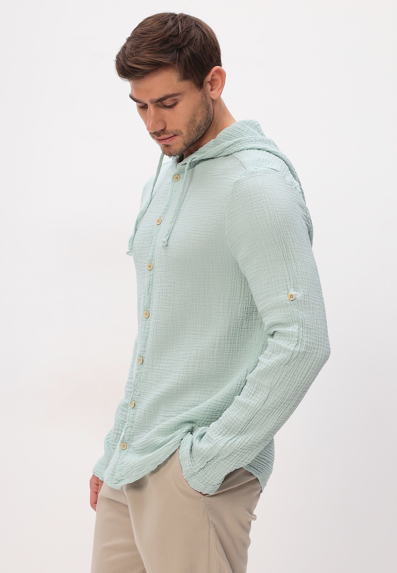 Herren Sommer und Freizeit Mode Hemd mit Kapuze aus lässige Musselin