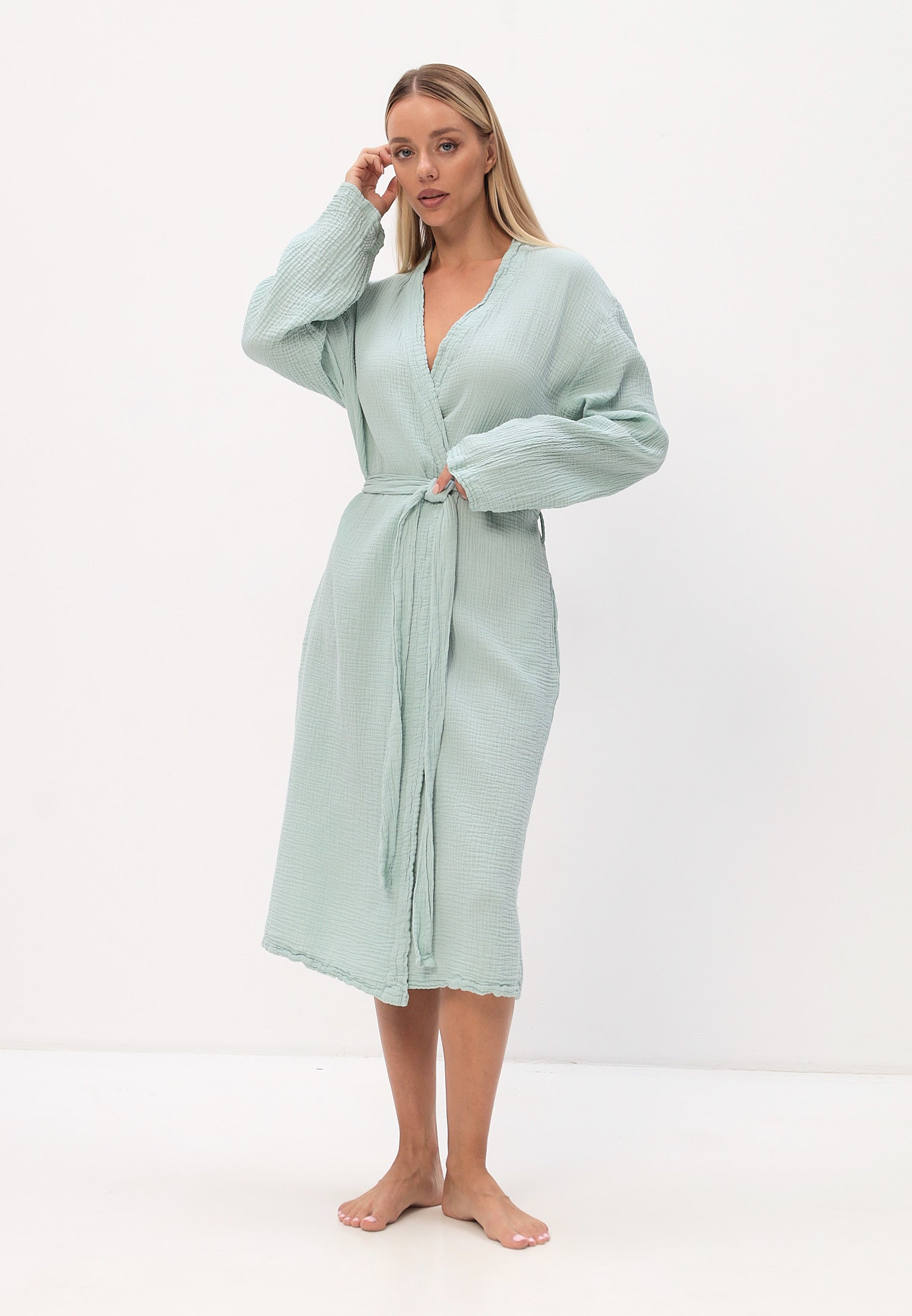 Damen Morgenmantel aus 100% Baumwoll-Musselin