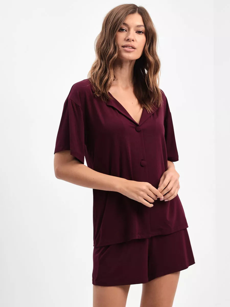Damen Pyjama Set mit kurzer Hose und Hemd - Weinrot