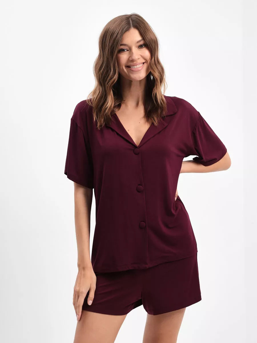 Damen Pyjama Set mit kurzer Hose und Hemd - Weinrot