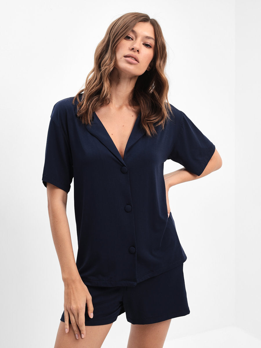 Damen Pyjama Set mit kurzer Hose und Hemd - Marinenblau