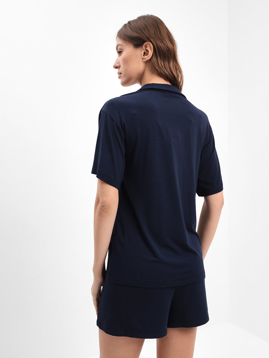 Damen Pyjama Set mit kurzer Hose und Hemd - Marinenblau