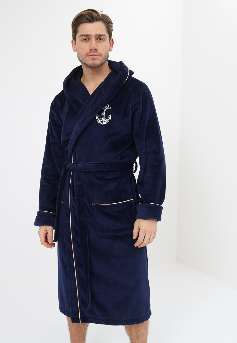 Herren Bademantel aus Baumwoll-Velour mit Kapuze und feiner Anker Steickerei Design LMS-246145 Marinenblau