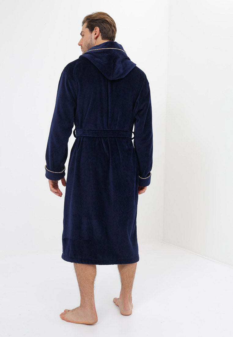 Peignoir élégant pour hommes en coton de haute qualité avec capuche en velours ornée d'une fine broderie d'ancre