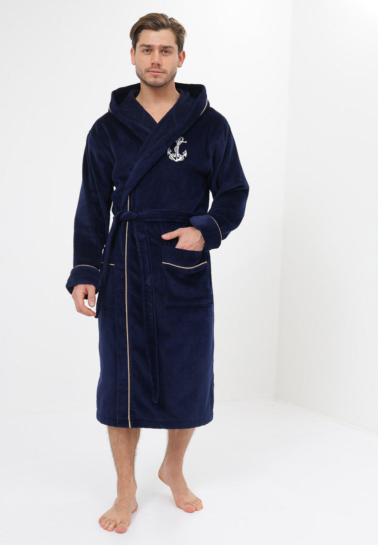 Noble men's bathrobe made of high-quality cotton with hood in velour with fine anchor embroidery design