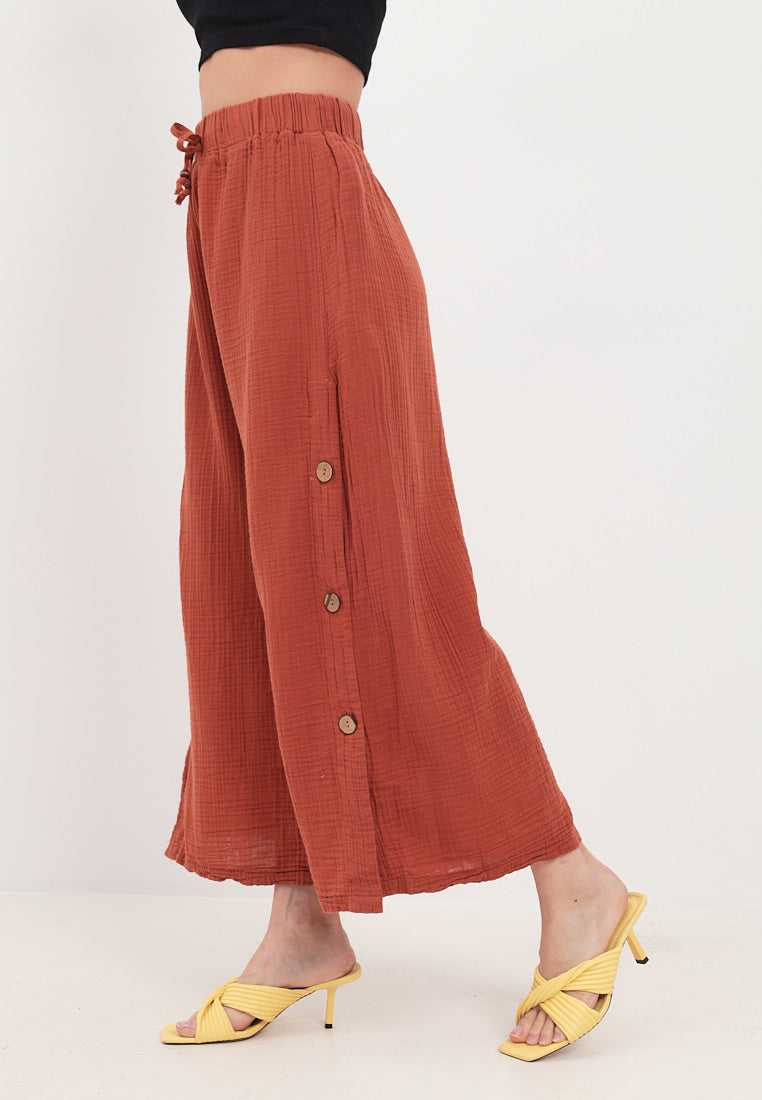 Damen Sommer Mode Hose aus lässige Musselin mit Kordelzug Freizeit Pants LMS-6459 Burnt Brick