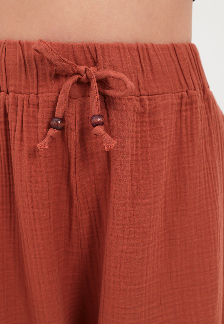 Damen Sommer Mode Hose aus lässige Musselin mit Kordelzug Freizeit Pants LMS-6459 Burnt Brick