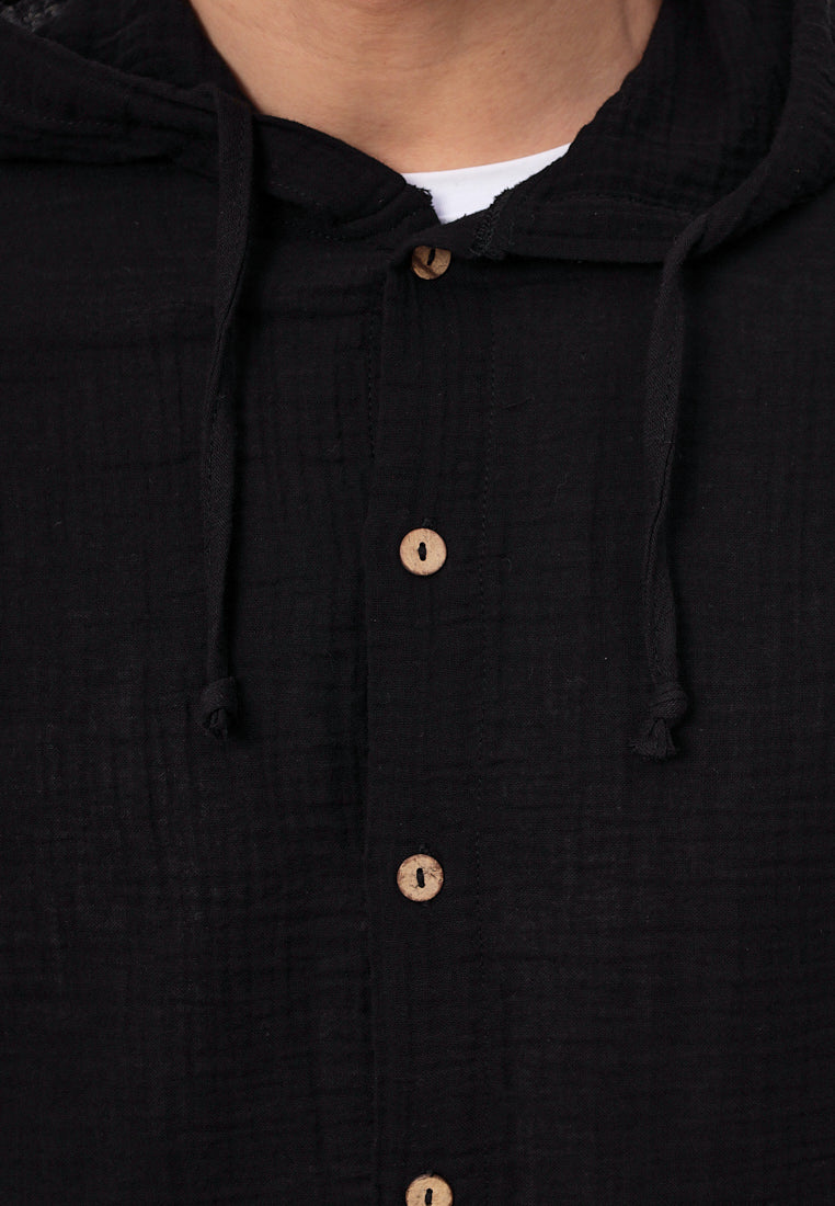 Herren Sommer Mode Hemd mit Kapuze aus lässige Musselin Freizeit LMS-6464 Black Schwarz