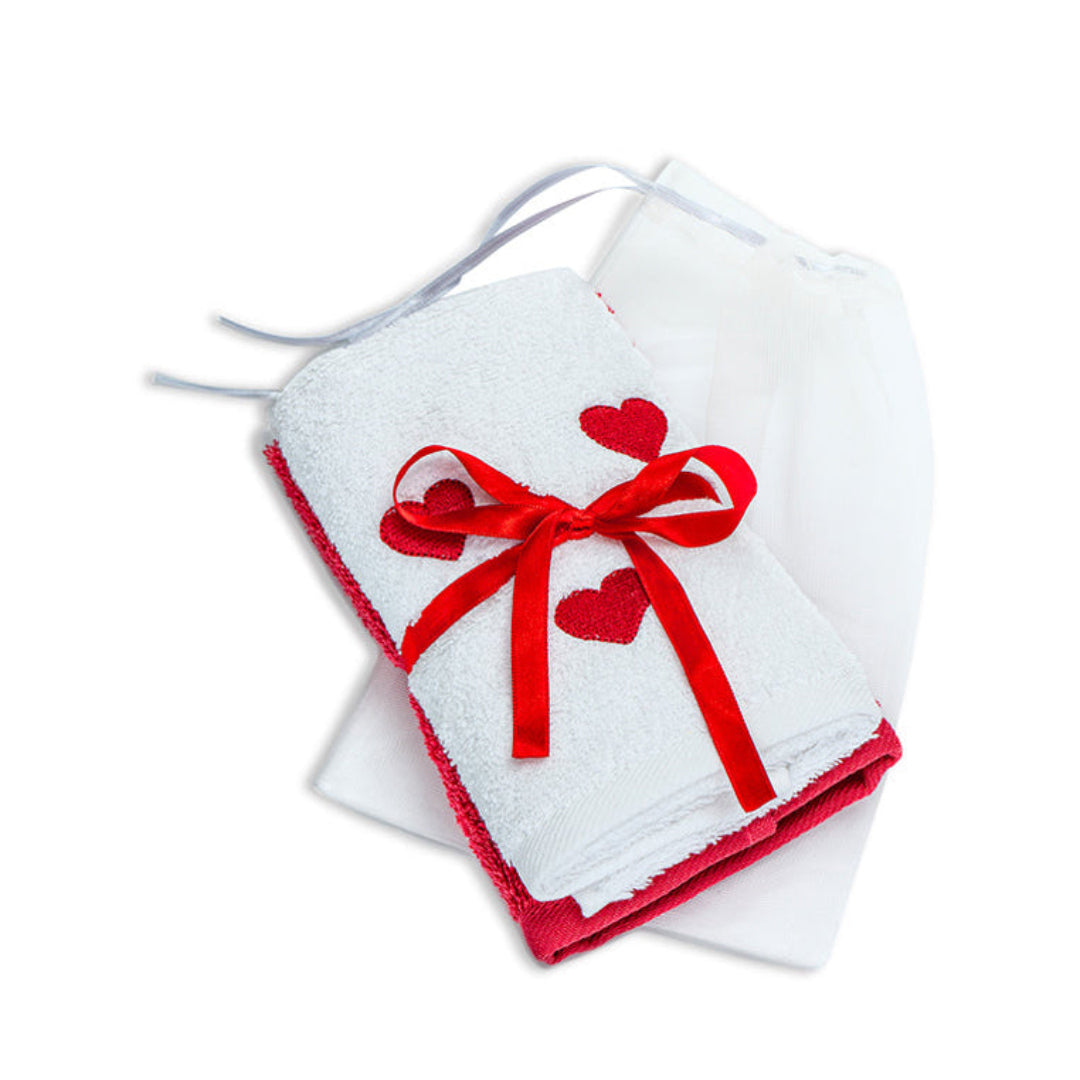 Handtuch 2'er Set - mit Herzchen Stickerei auf weißem Tuch - 100% Baumwolle - Gästetuch (30x50 cm)