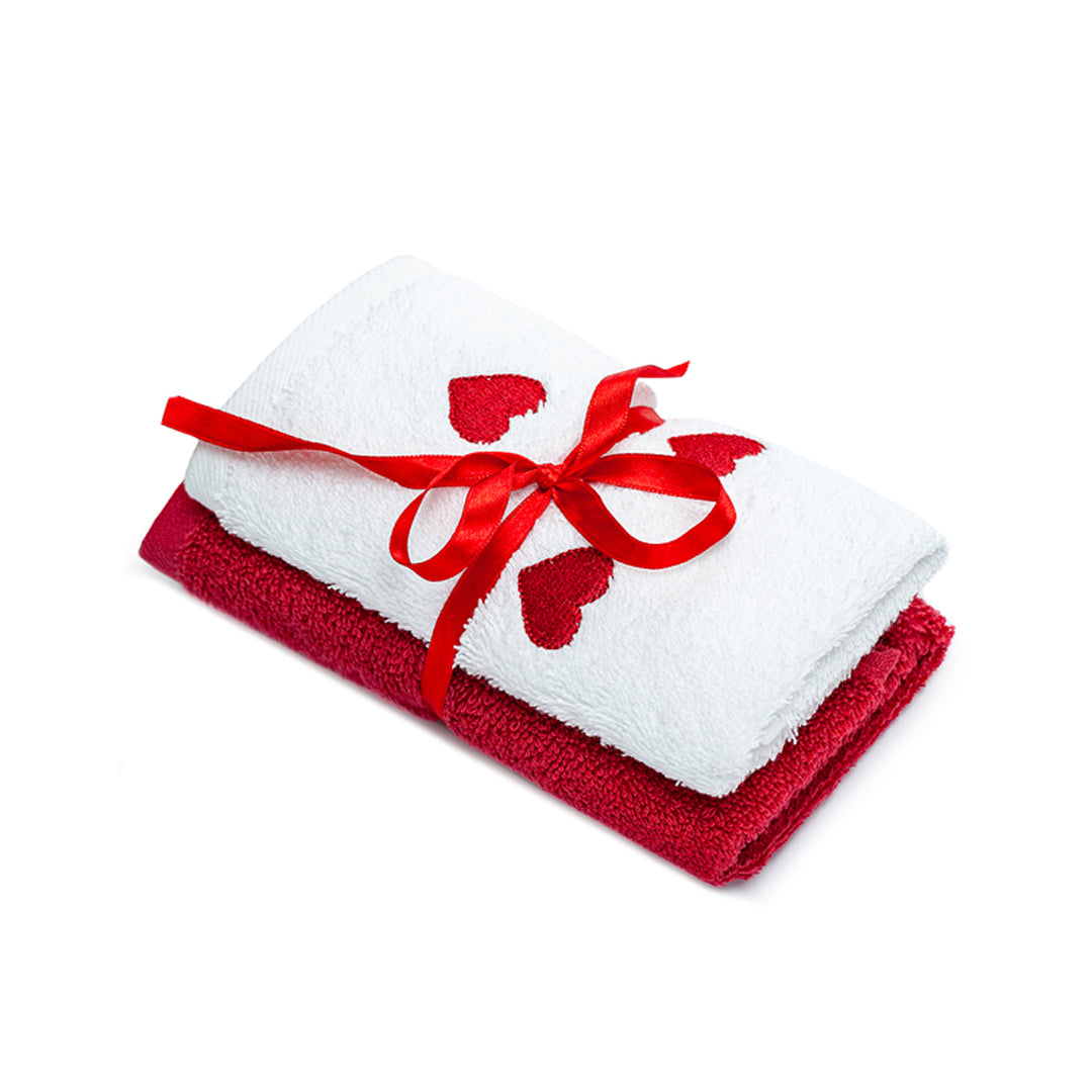 Lot de 2 serviettes - avec broderie coeur sur tissu blanc - 100% coton - serviette invité (30x50 cm)