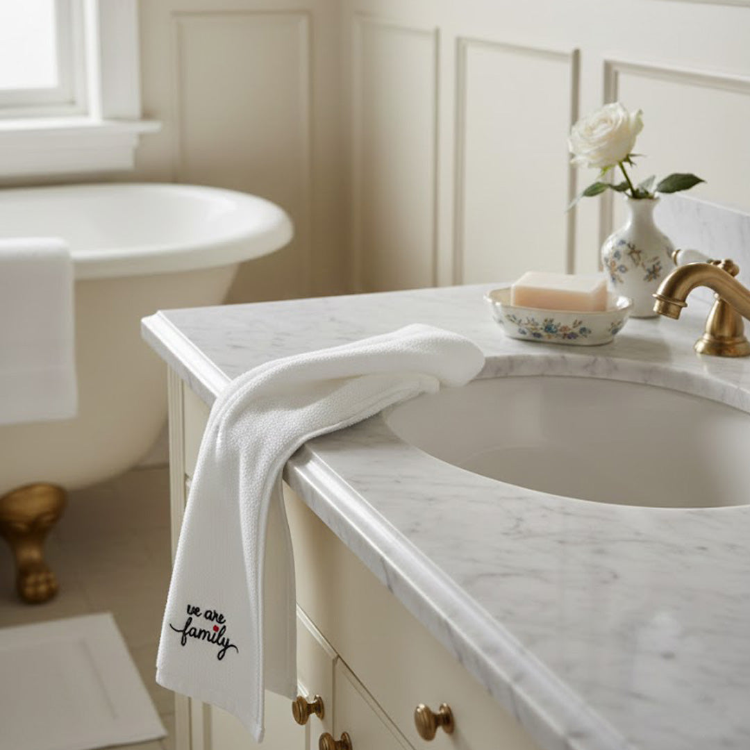 Besticktes Gästehandtuch „We Are Family“