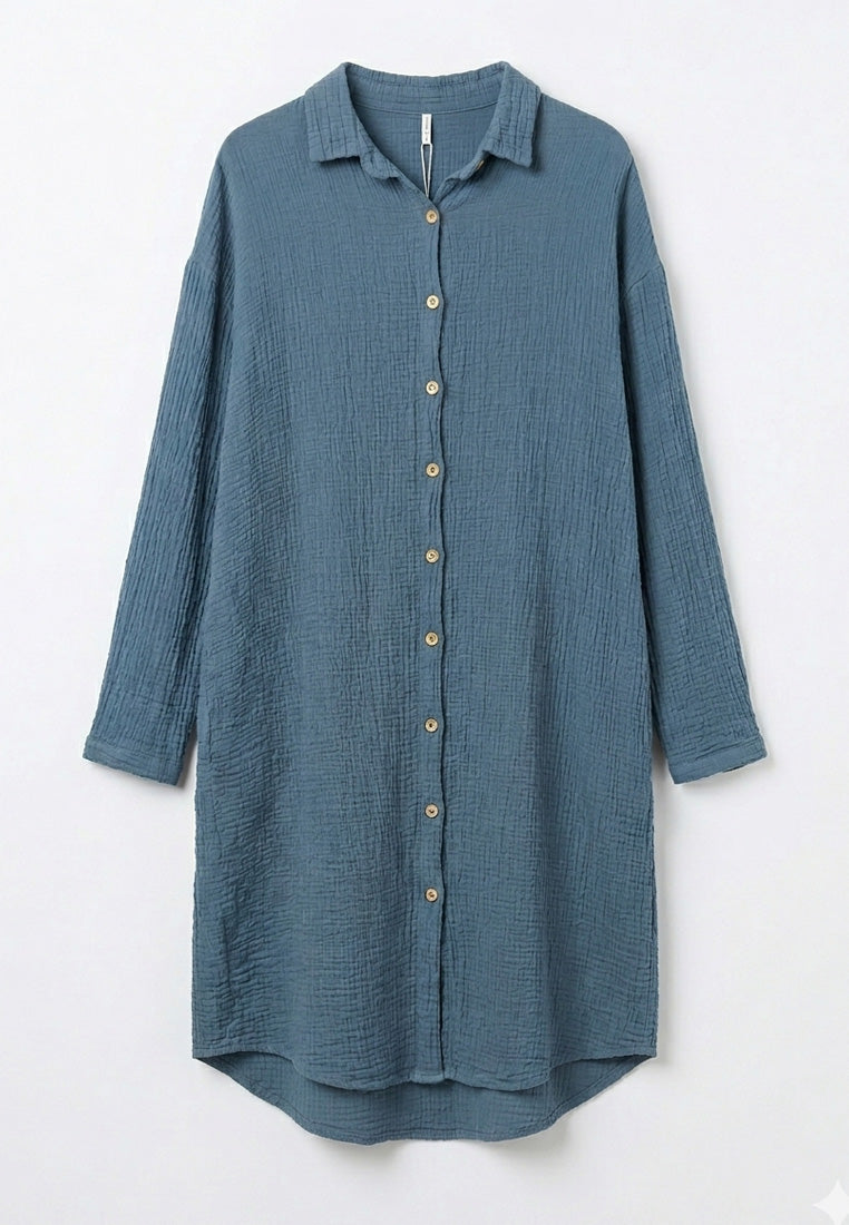 Musselin-Hemdblusenkleid mit Struktur & Vokuhila-Saum