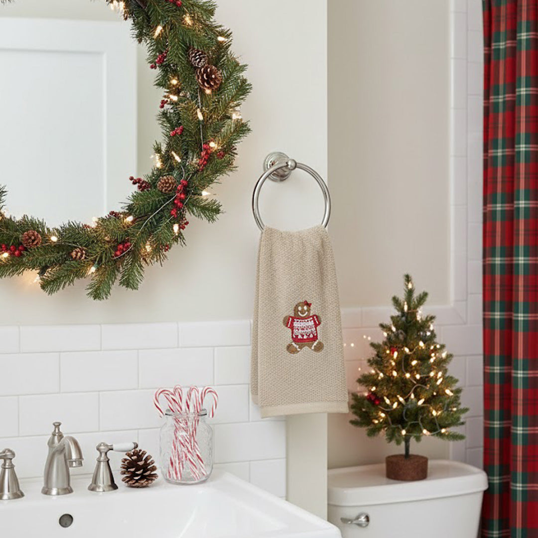 Weihnachtshandtuch - Besticktes Gästehandtuch mit Lebkuchenmuster Beige